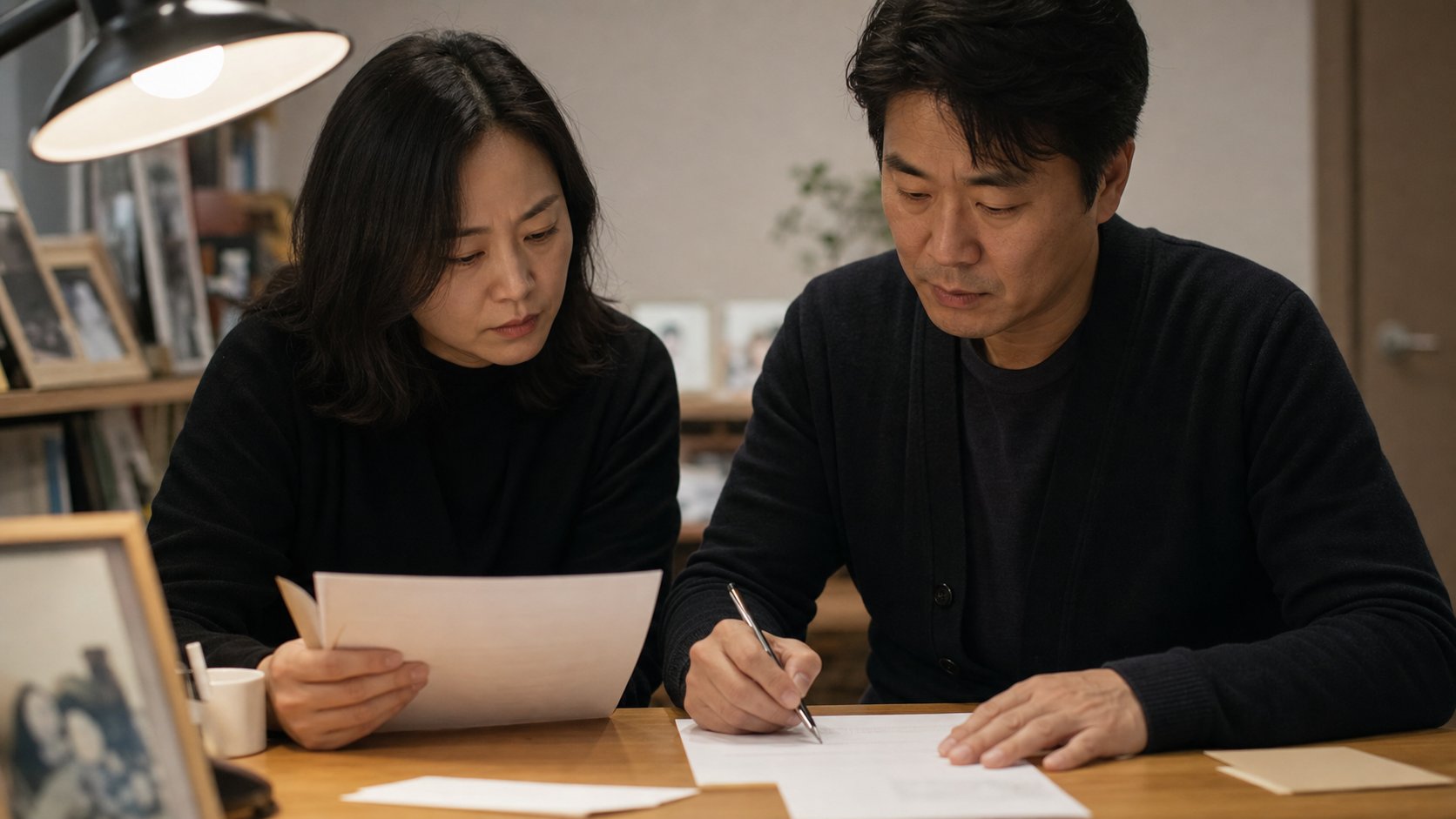 집에서 부고 원고를 작성하는 가족