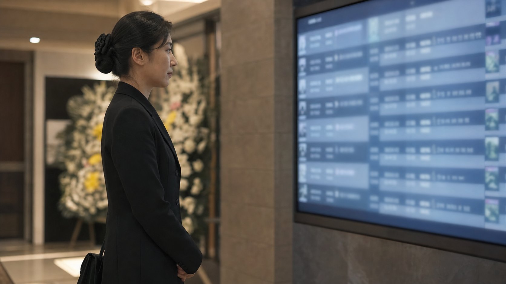 장례식장 로비의 부고 안내 전자 게시판을 확인하는 가족