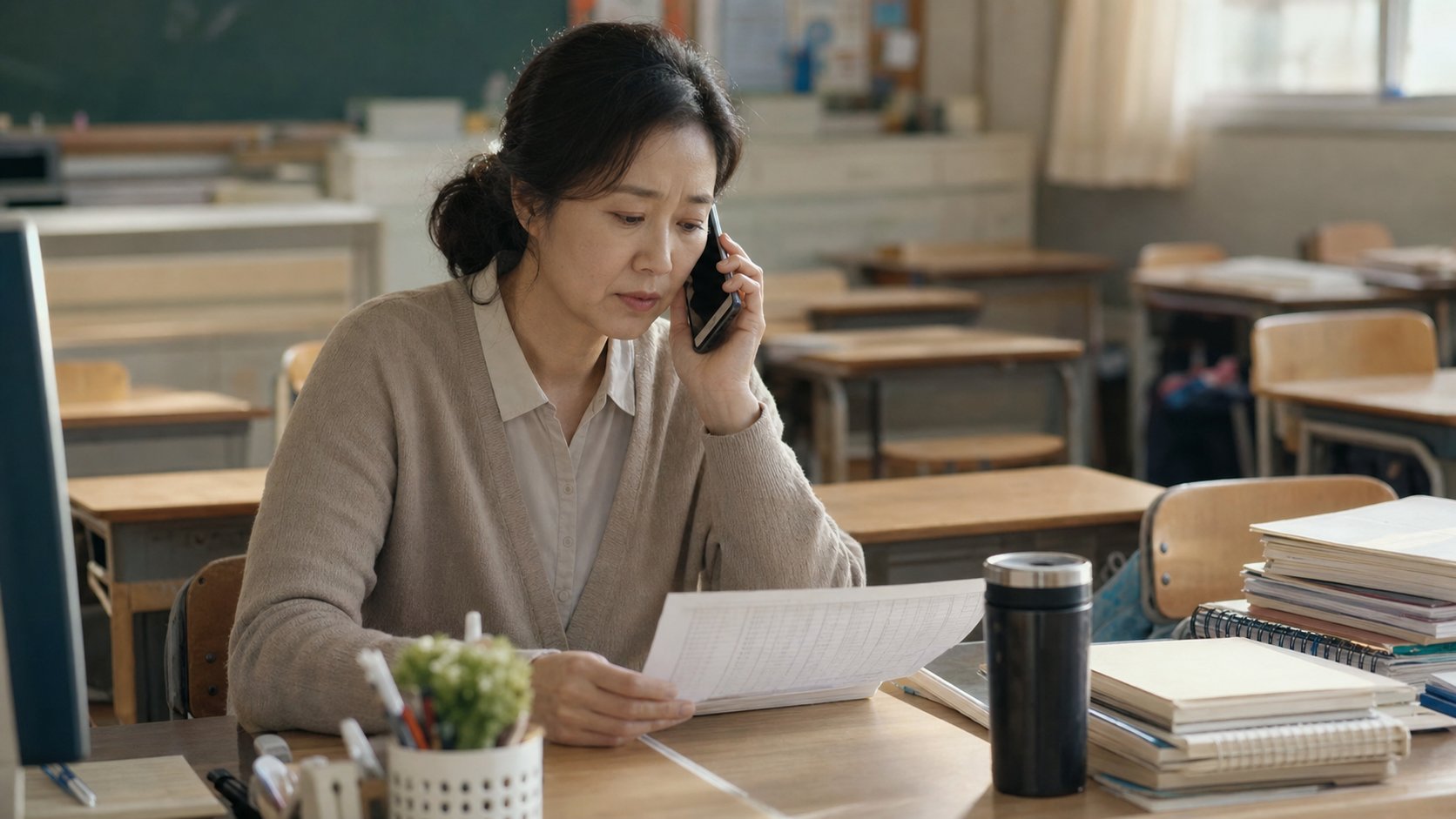 학부모와 통화하며 학생 출결을 안내하는 담임 선생님