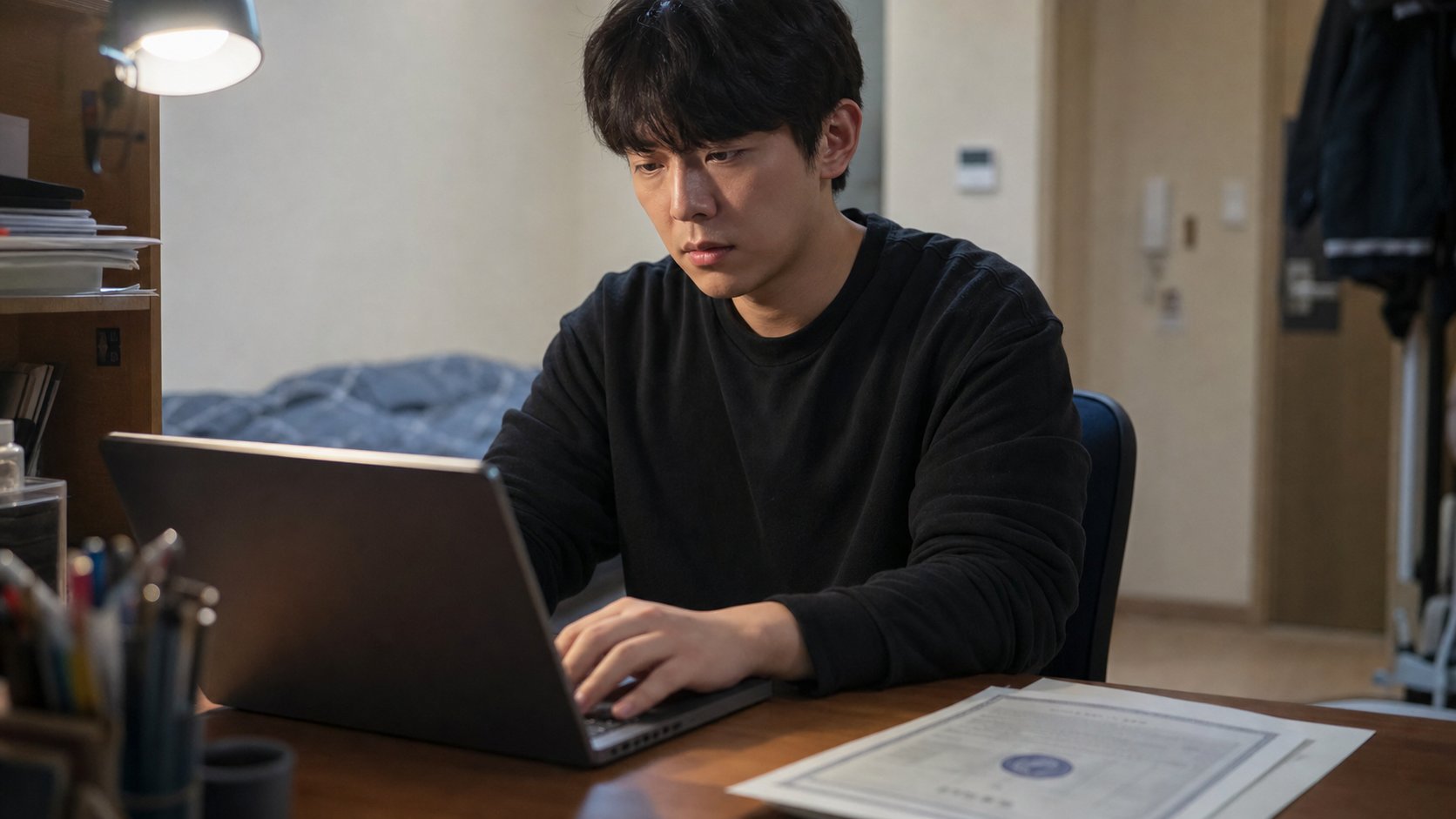 노트북으로 교수에게 이메일을 보내는 대학생