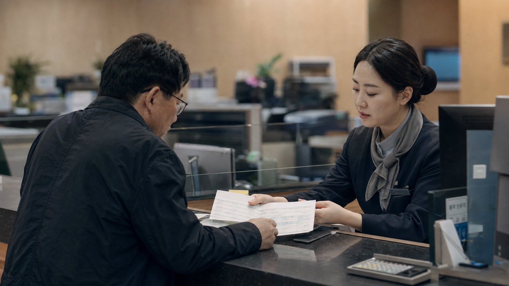은행 창구에서 사망자 계좌 상담을 받는 가족