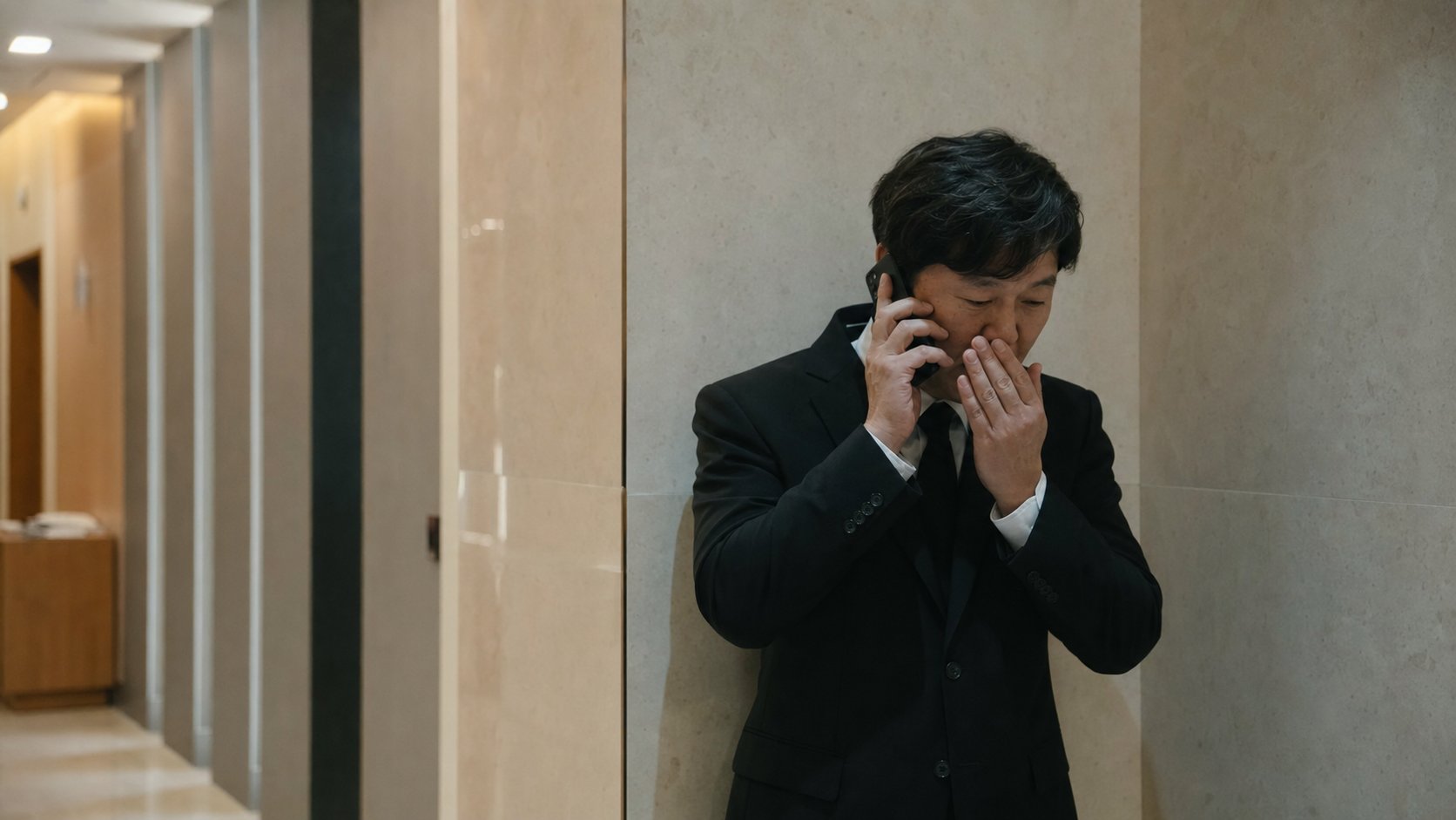 장례식장 복도 한쪽에서 조용히 통화하는 조문객