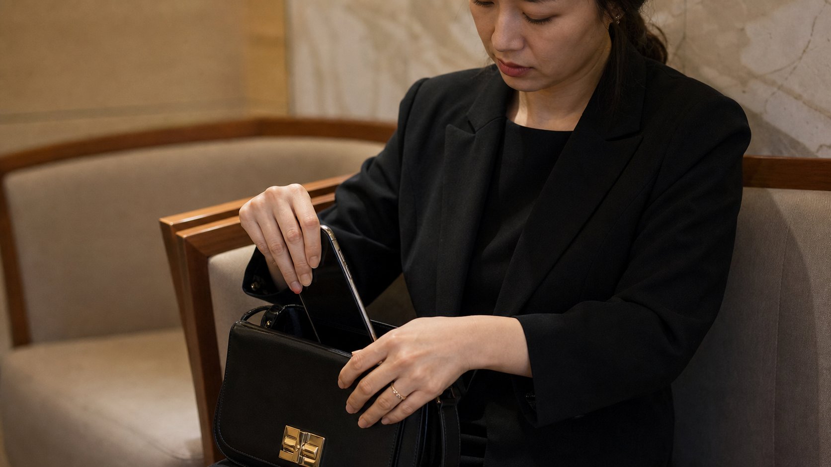 빈소에서 휴대폰을 가방에 정리해 넣는 조문객