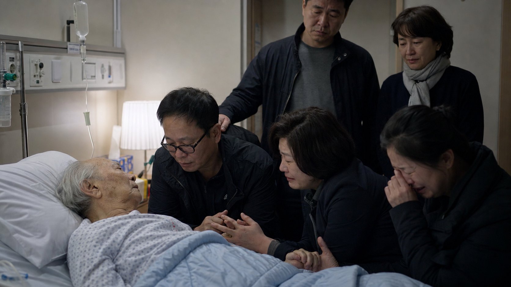 임종 환자 침대 옆에서 자녀들이 차례로 작별 인사를 나누는 가족
