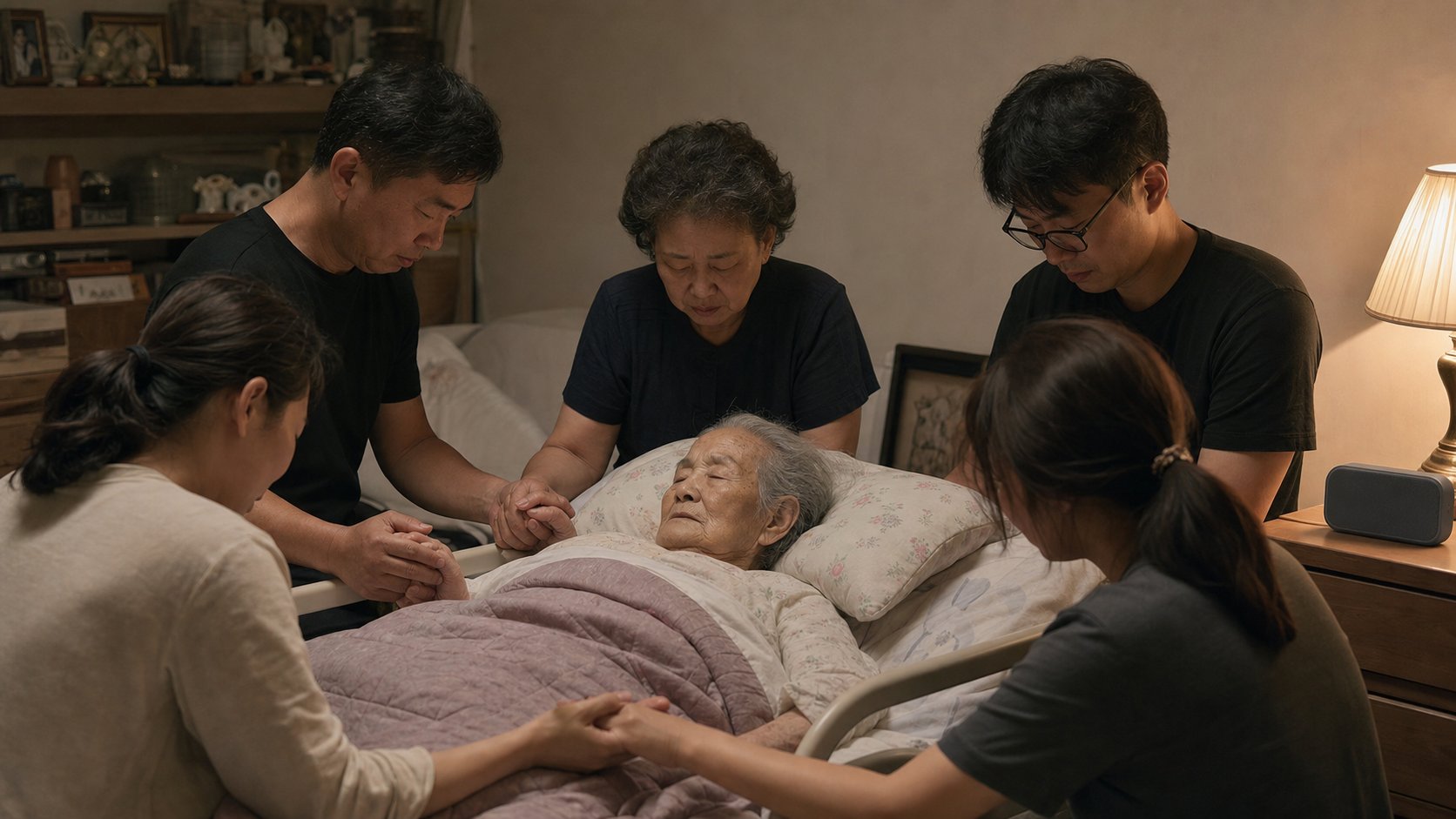 환자 침상 옆에서 가족이 손을 잡고 함께 기도하는 평온한 분위기