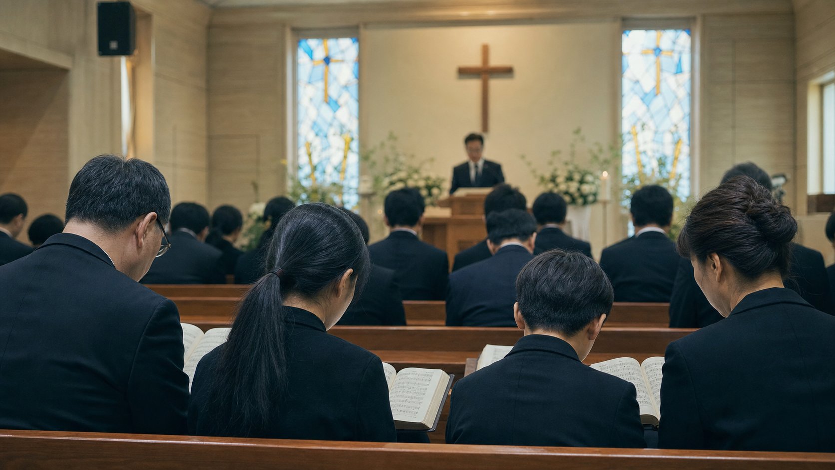 개신교 예배당에서 가족이 추모 예배를 드리는 모습