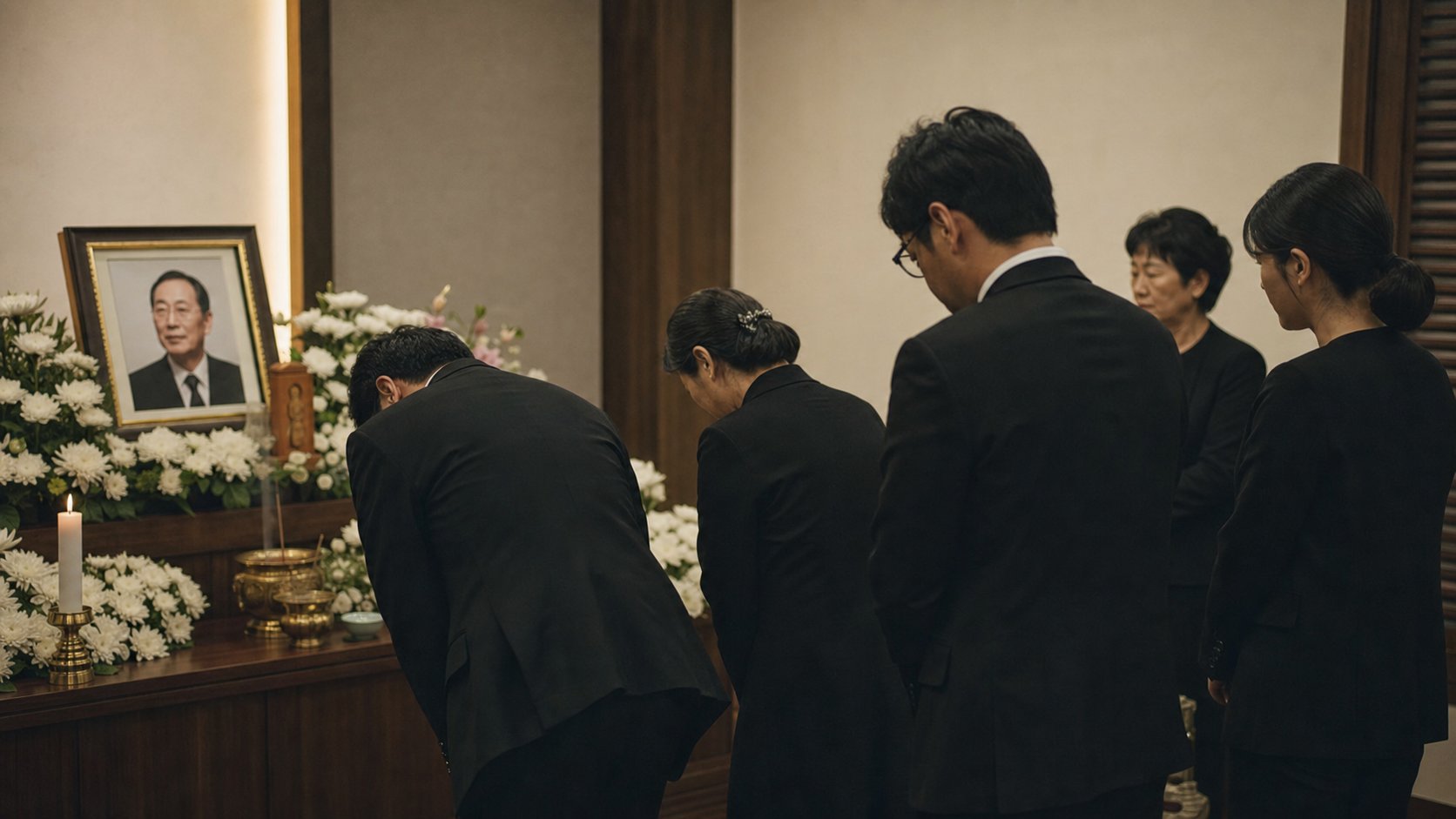 가족만 모인 작은 빈소에서 영정 앞에서 인사하는 가족