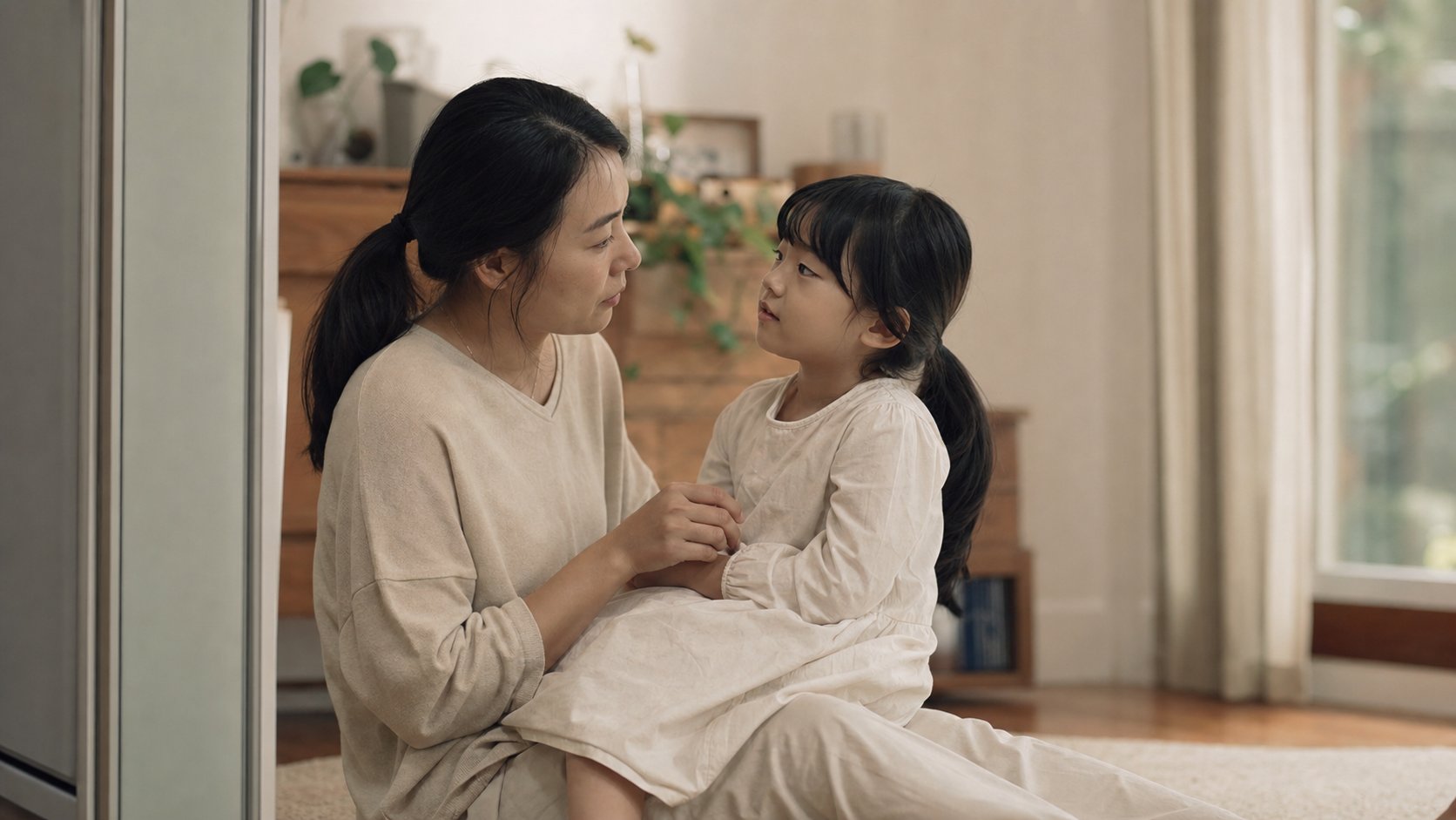 어머니가 어린 자녀를 무릎에 앉히고 차분히 이야기하는 모습