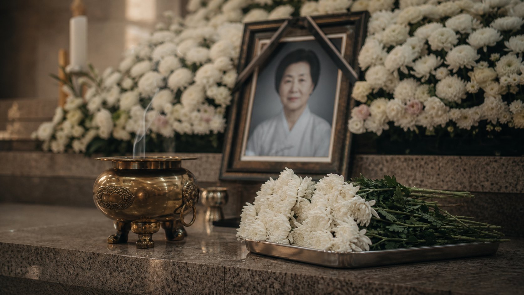 영정 앞에 향로와 흰 국화가 함께 마련된 단정한 빈소 한쪽