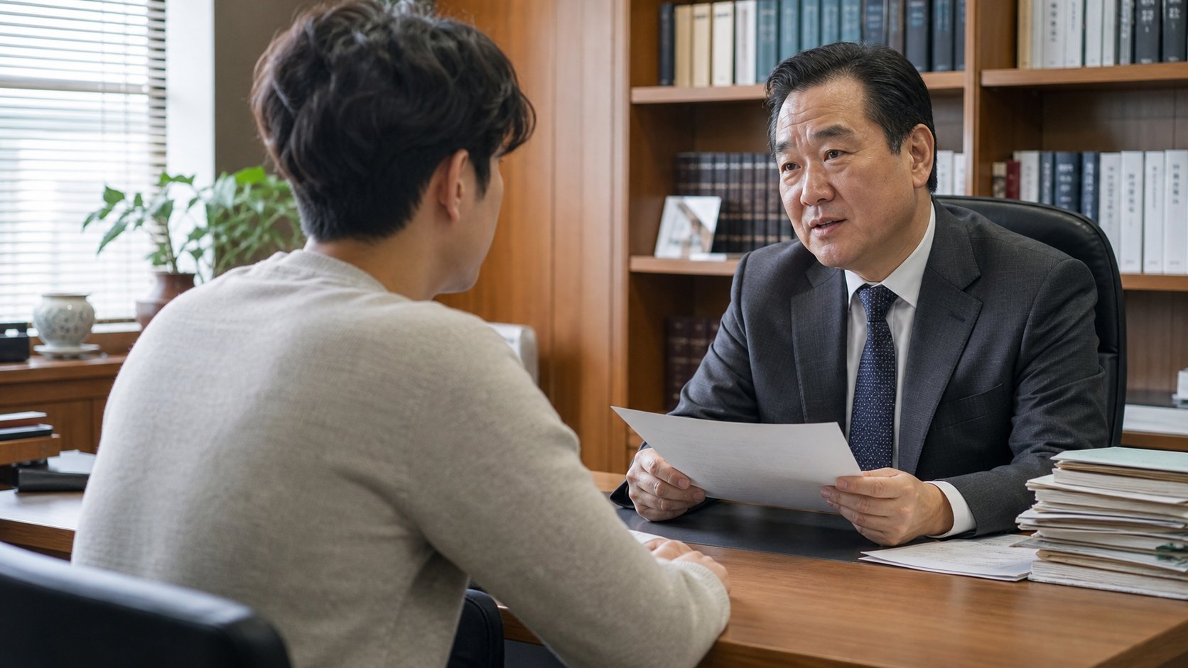 가족법 변호사 사무실에서 양자녀가 상담을 받는 모습