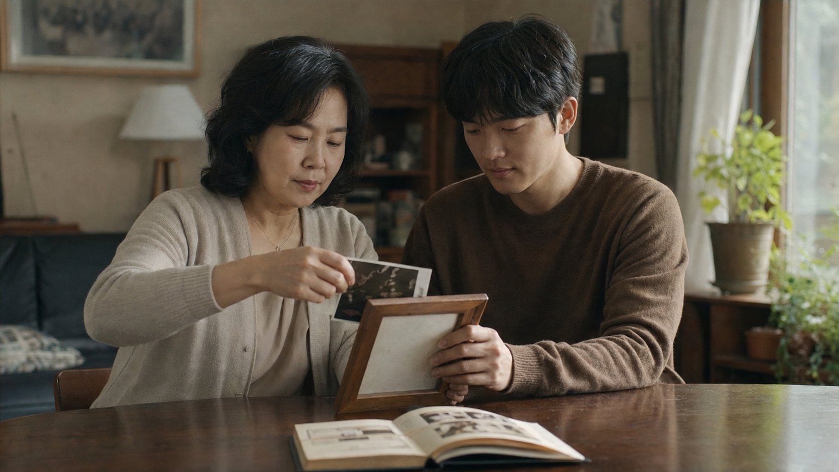 영정 액자에서 사진을 분리해 앨범에 옮기는 가족