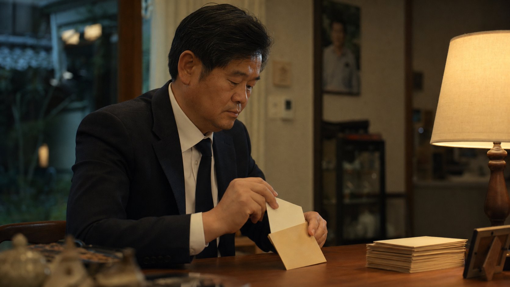 상주가 답례장 카드를 봉투에 정성스럽게 넣는 모습