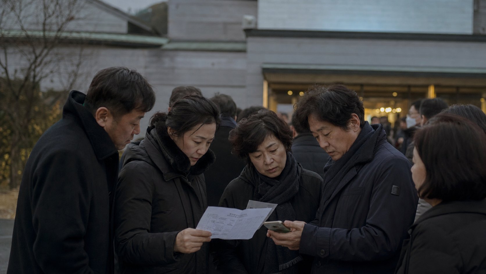 연휴 화장장 앞에서 일정을 확인하는 가족