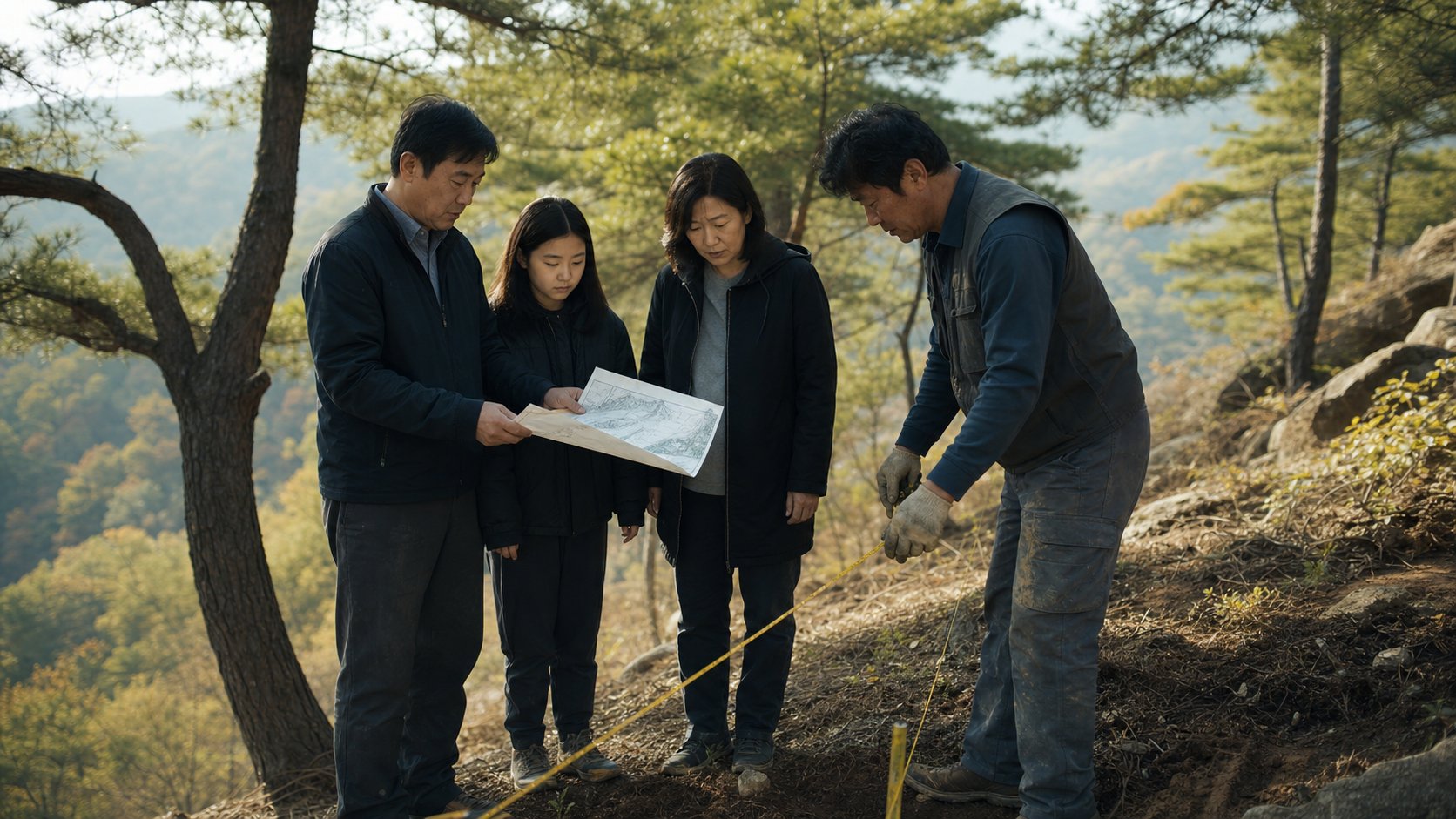 산자락에서 가족묘 부지를 측량하는 가족과 설치업체