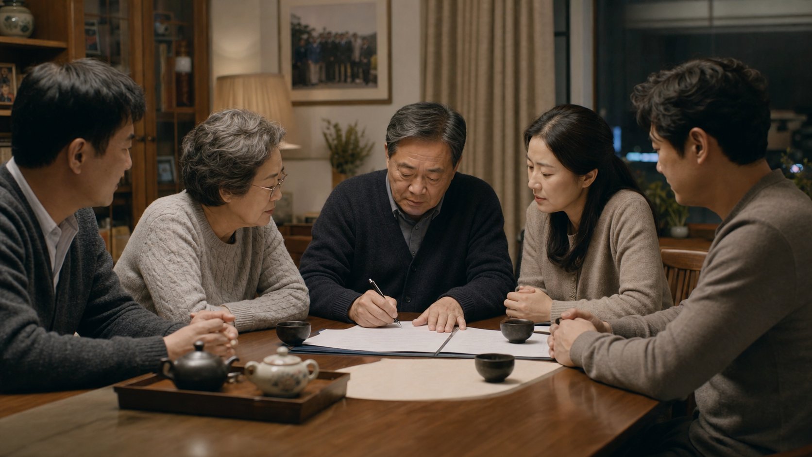 거실에 모여 가족묘 관리 합의서를 작성하는 가족 회의