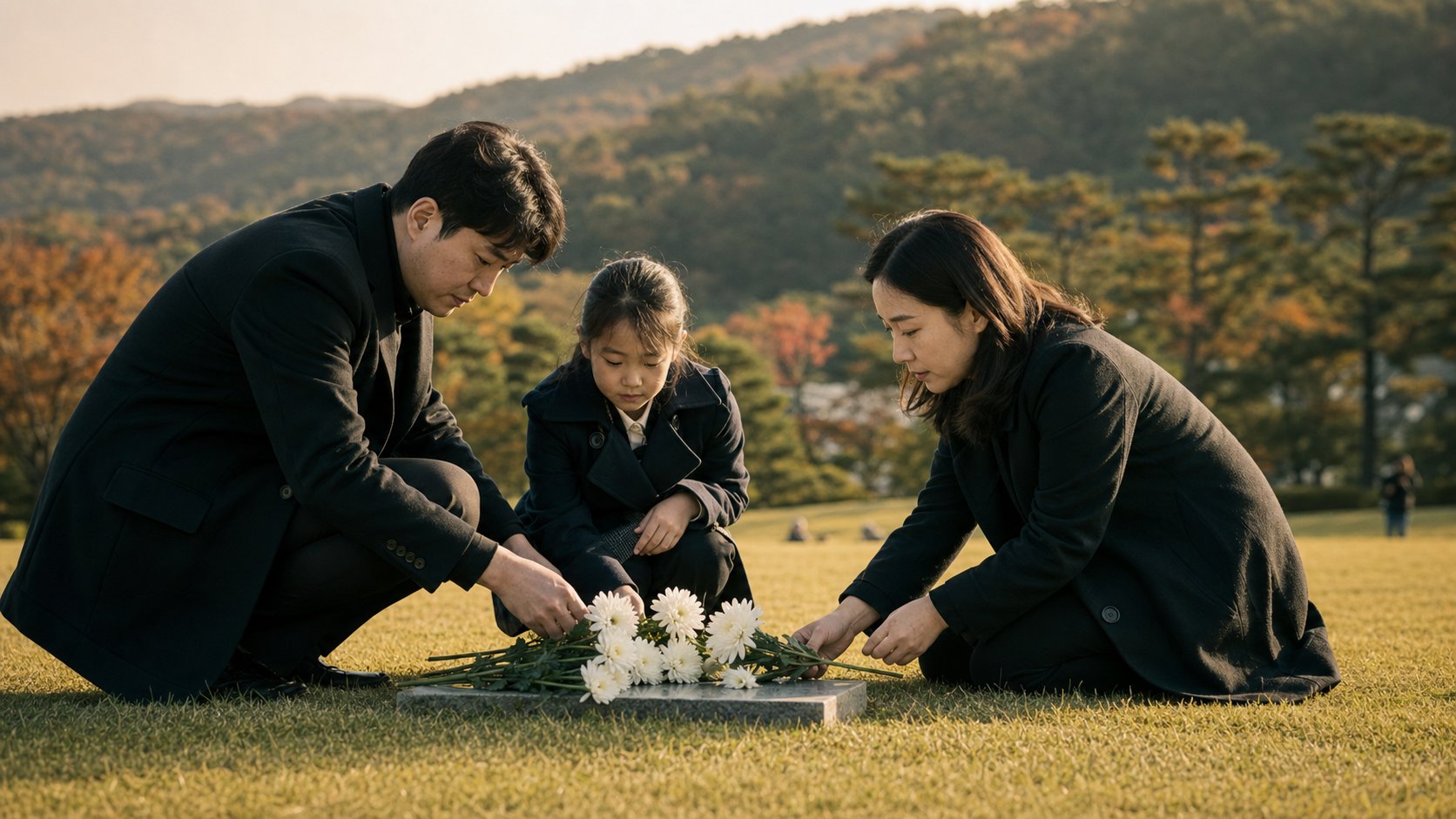 추모공원 잔디장에서 표지석에 꽃을 놓는 가족