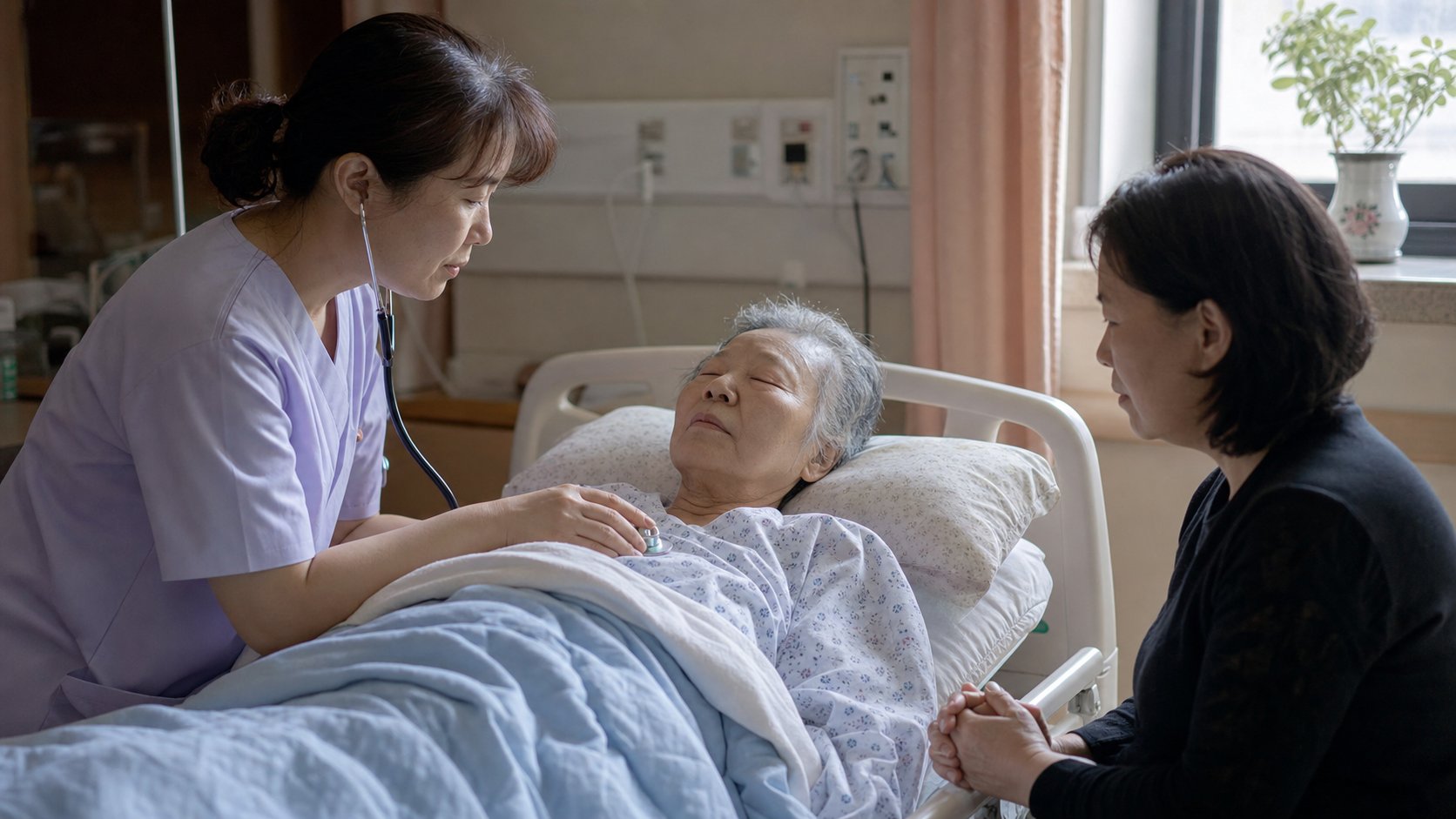 호스피스 병동에서 환자의 활력 징후를 살피는 간호사와 가족