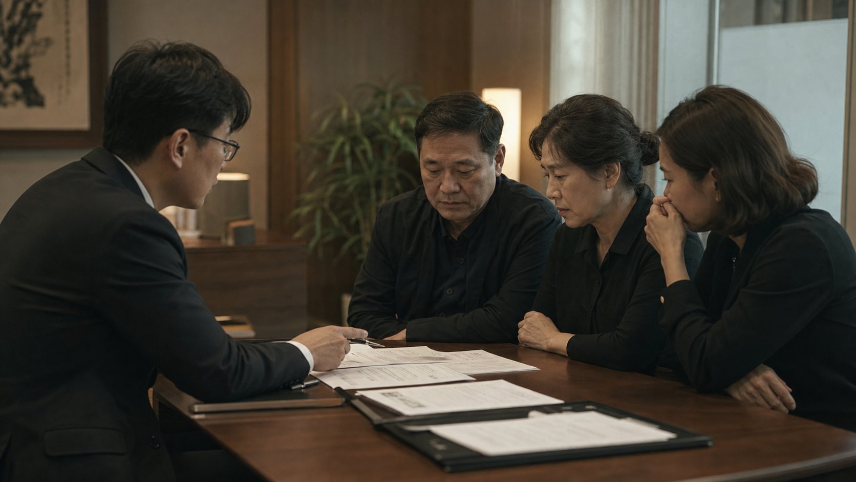 장례지도사가 유가족에게 절차를 안내하는 상담 장면