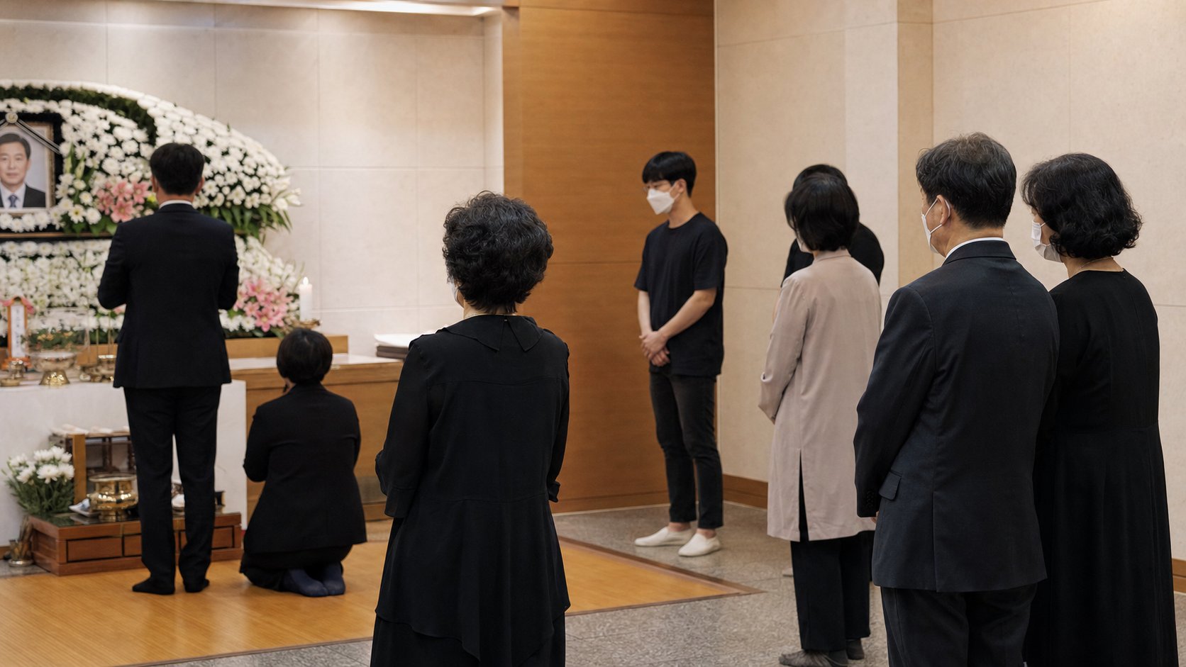 마스크를 착용하고 거리를 두고 조문하는 모습