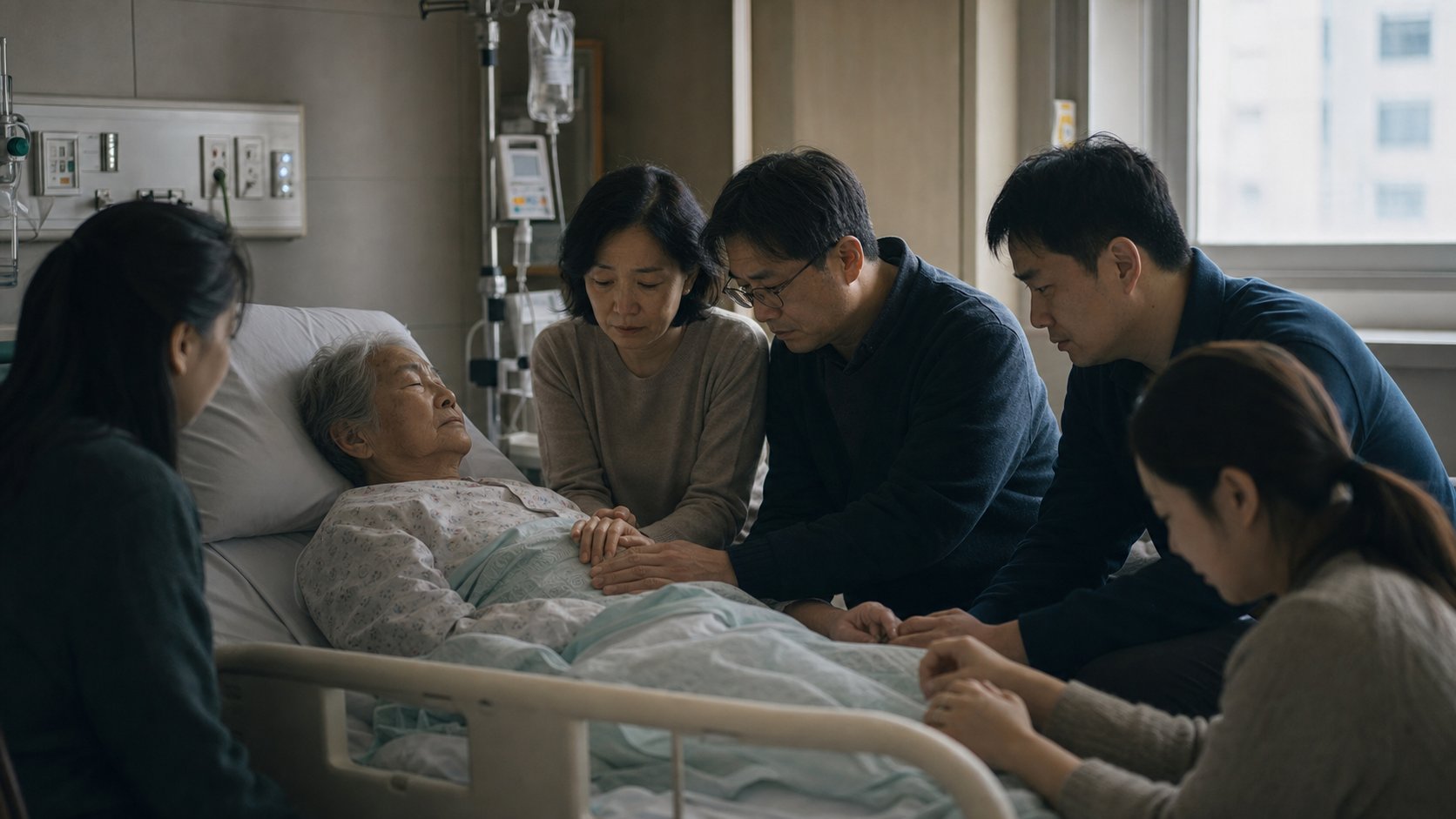병실에서 환자의 손을 잡고 작별하는 가족