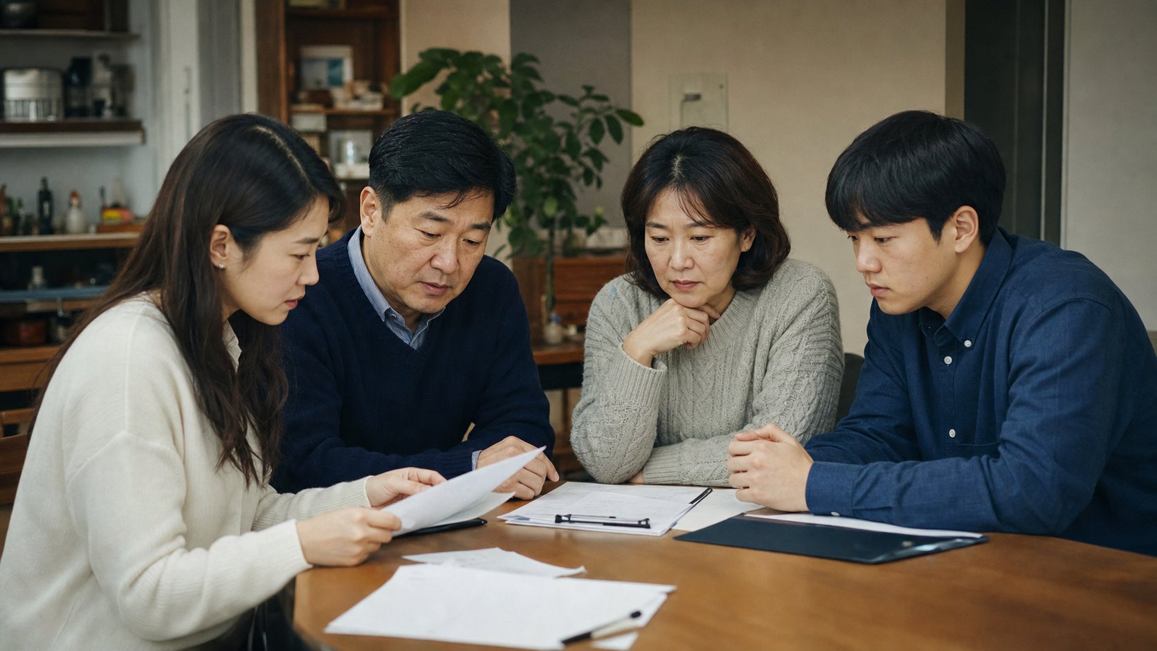 가족이 모여 상속 서류를 살펴보는 모습