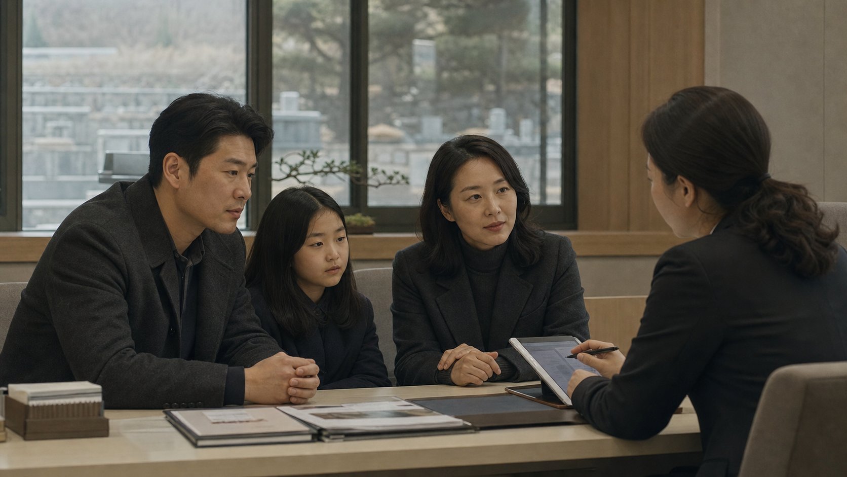 묘지 관리 사무소에서 신고 안내를 받는 가족