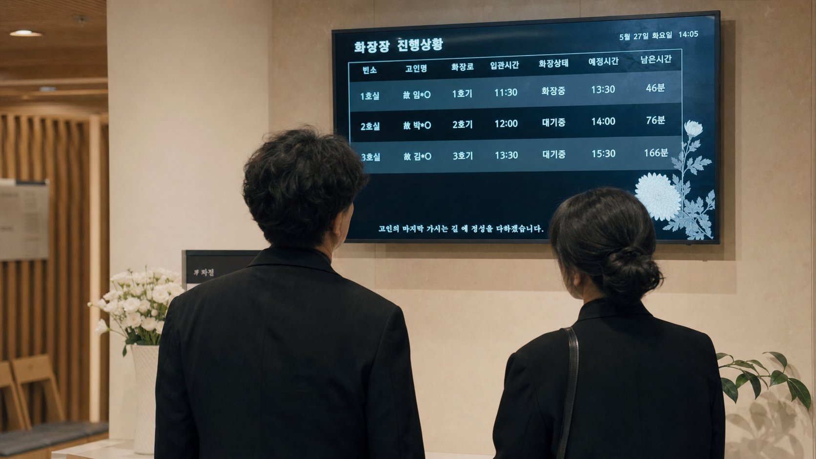 화장장 전광판으로 화장 진행 상태를 확인하는 유가족