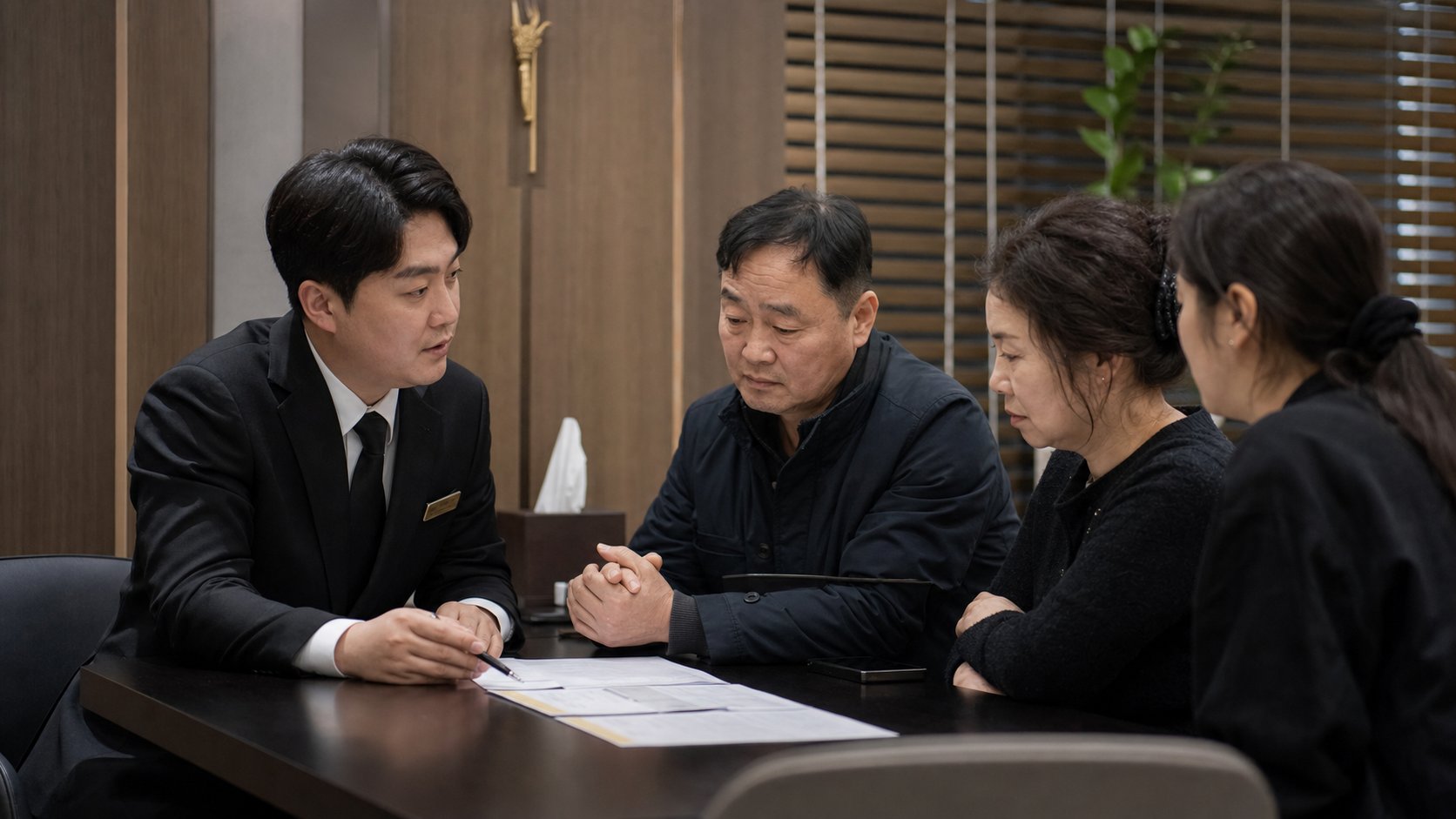 장례지도사가 유가족에게 화장 예약과 서류를 설명하는 상담 장면