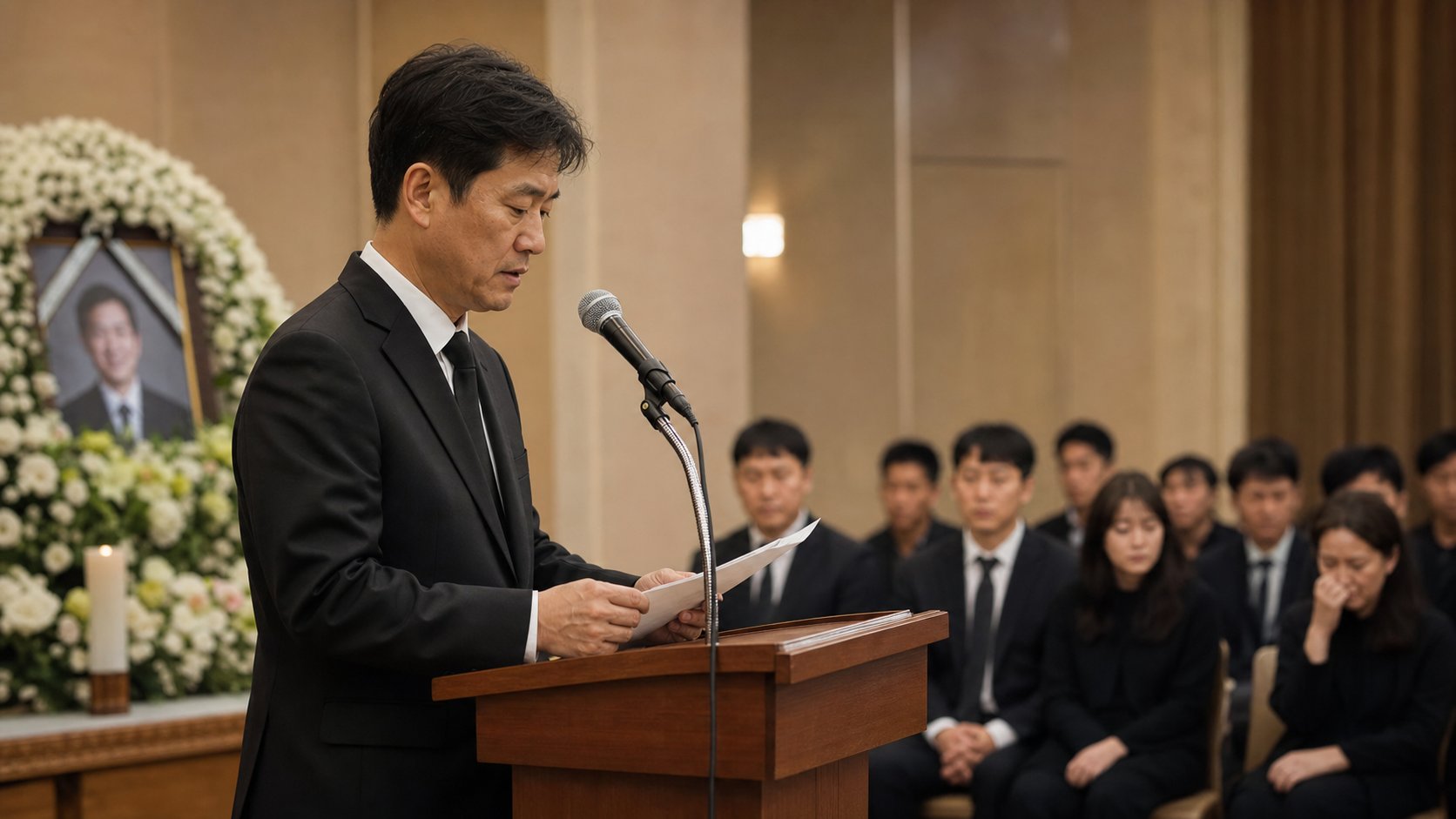 비종교 추모식에서 추도사를 낭독하는 가족