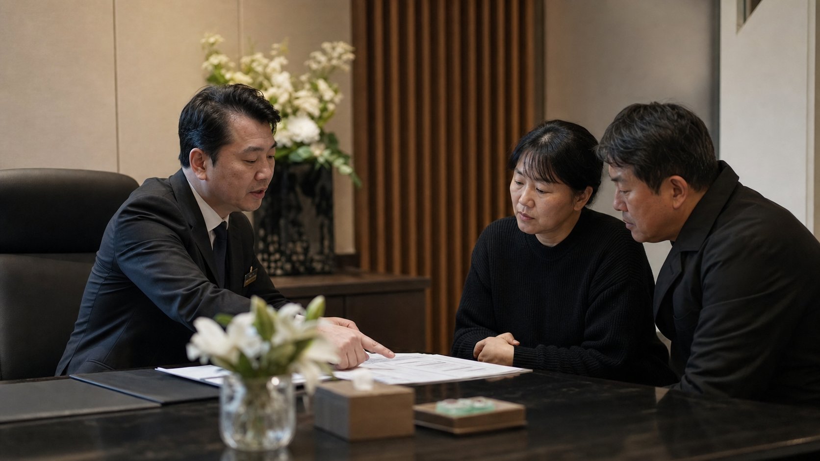 비종교 장례식 준비를 위해 장례지도사와 상의하는 가족