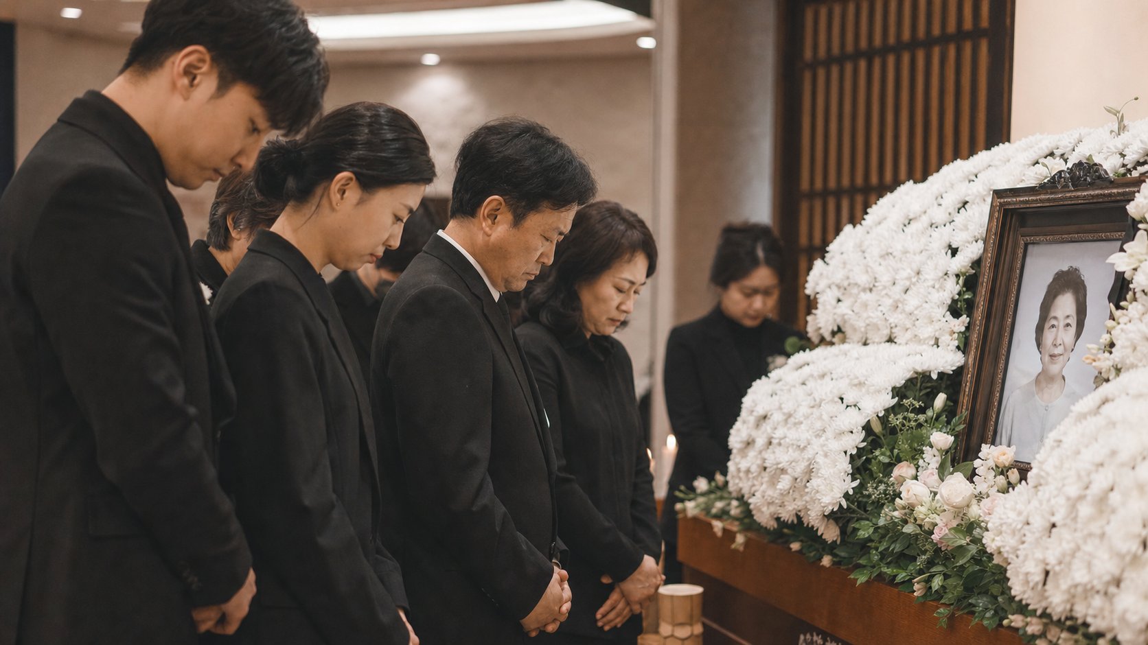 고인의 영정과 국화 앞에서 묵념하는 조문객