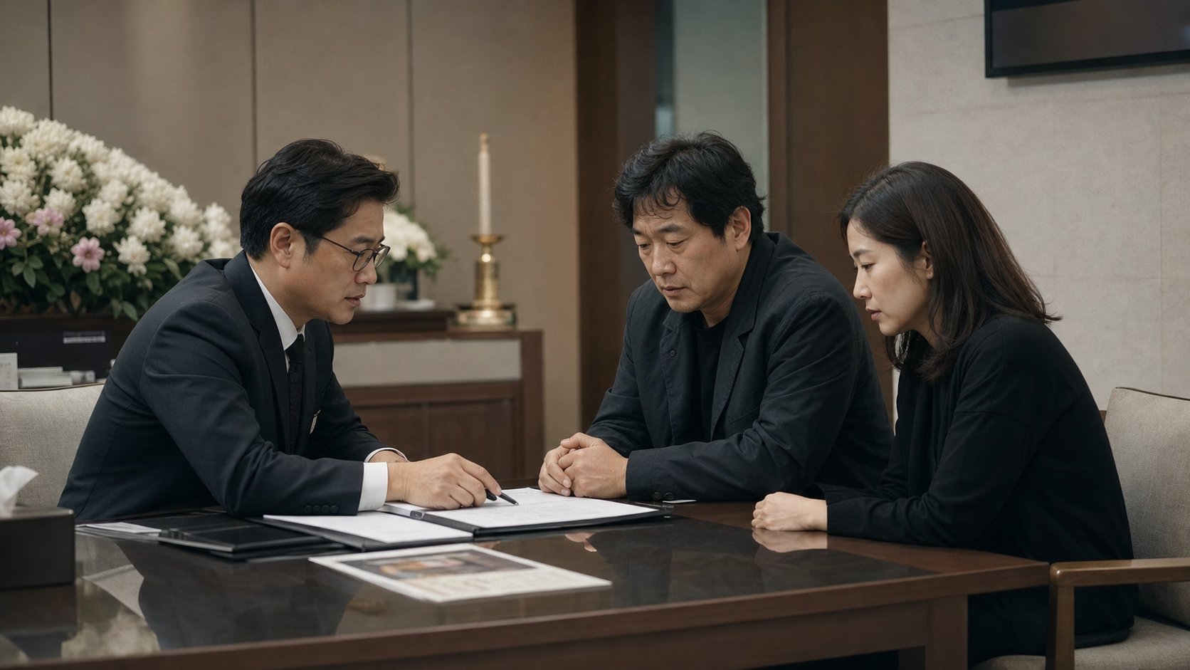 합동 장례 준비 사항을 장례지도사와 상의하는 자녀