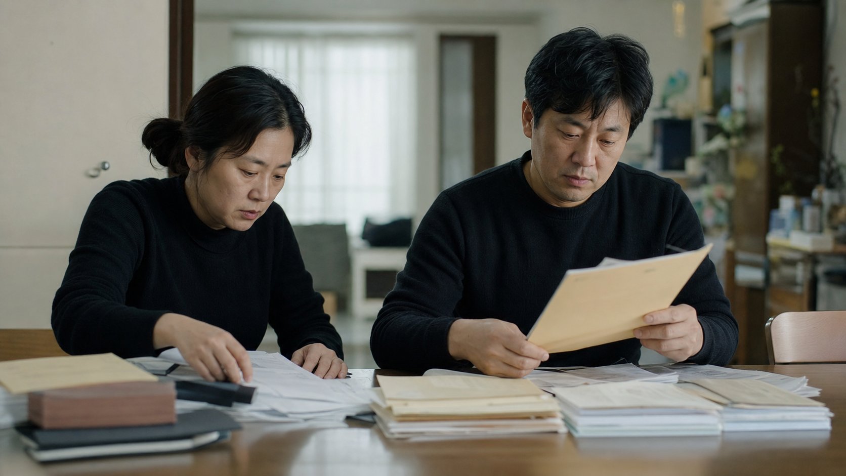 부모님 두 분의 상속 서류를 정리하는 자녀들