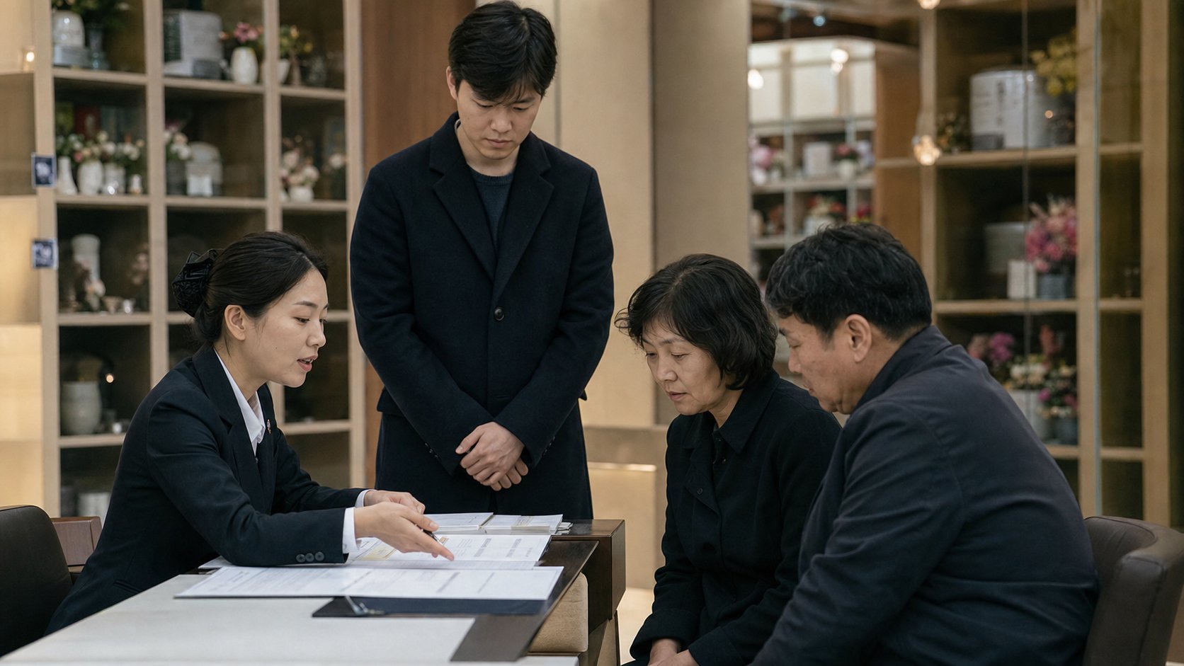 봉안당 직원에게 유골 이전 절차를 안내받는 가족