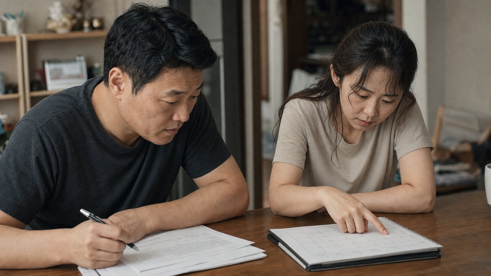가족이 봉안 계약서와 만료일 정보를 함께 정리하는 모습