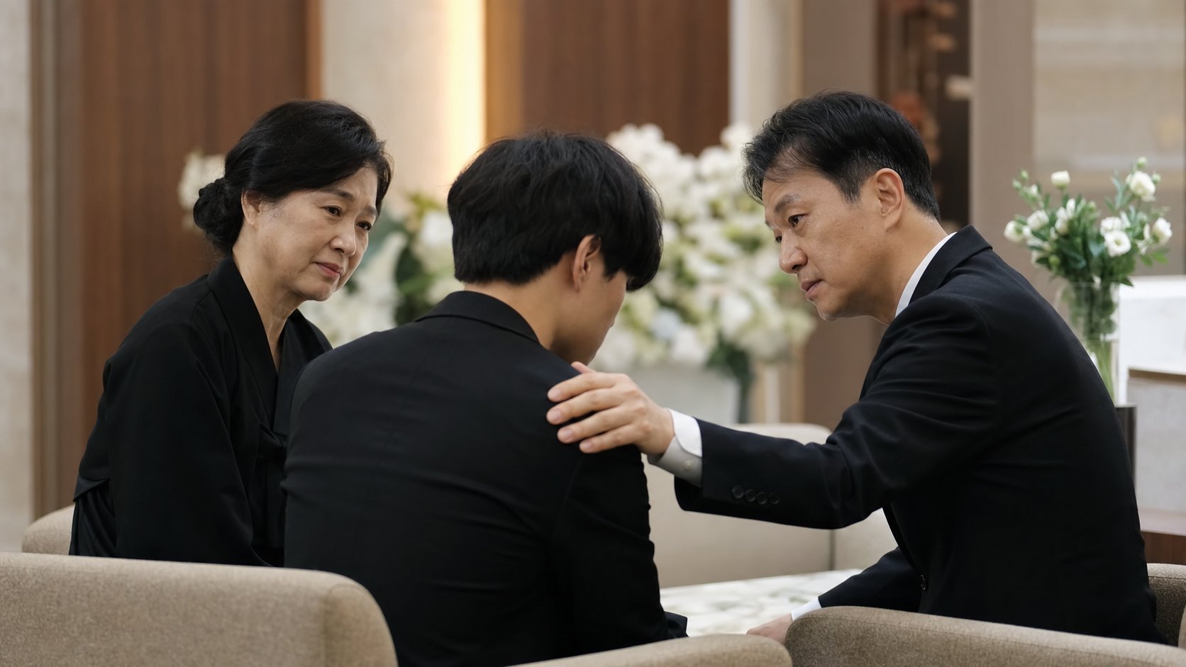 장례지도사와 친척이 외동 자녀를 도와 장례를 상의하는 모습