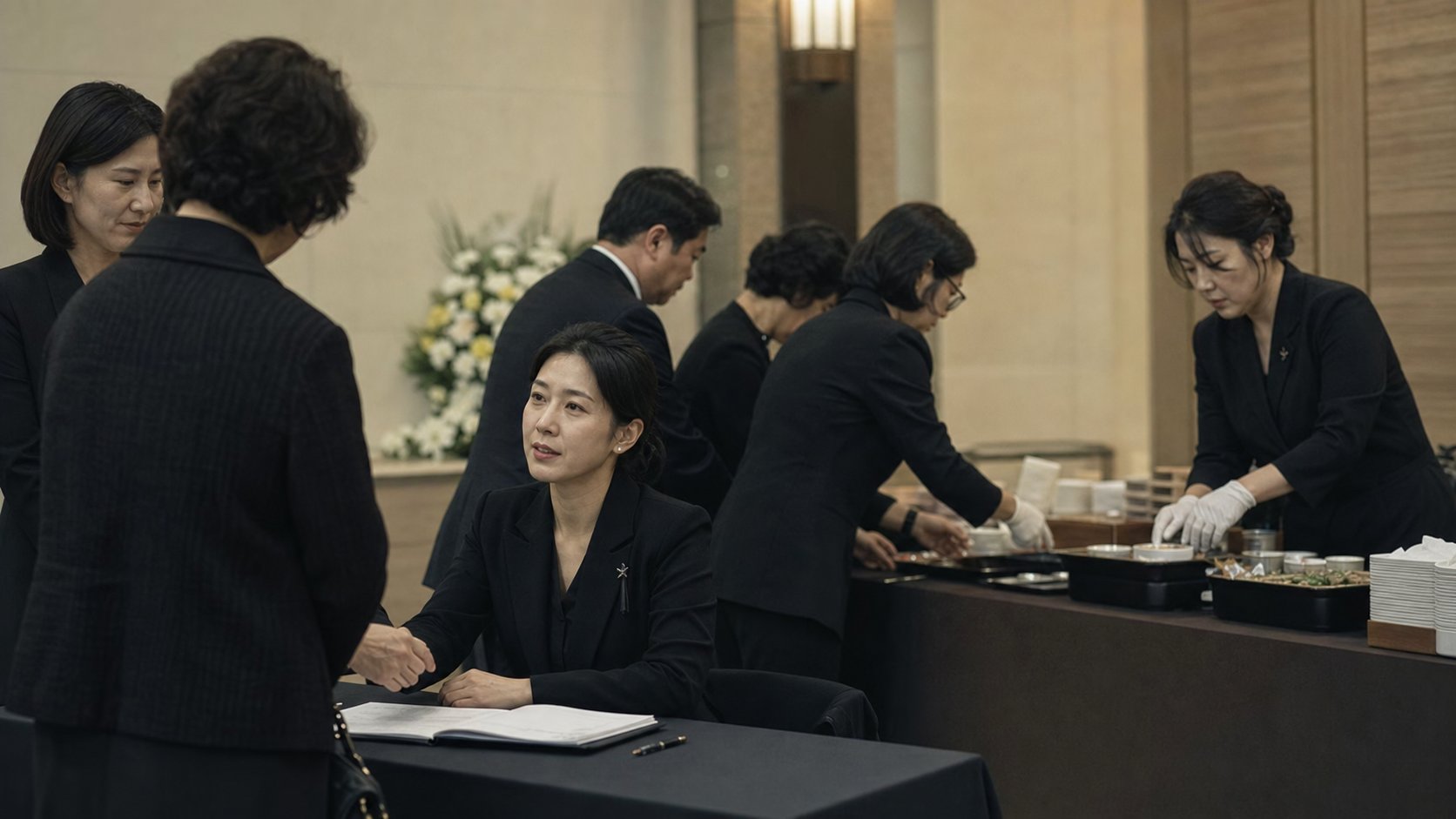 빈소 접객실에서 친척과 친구가 역할을 나눠 돕는 모습