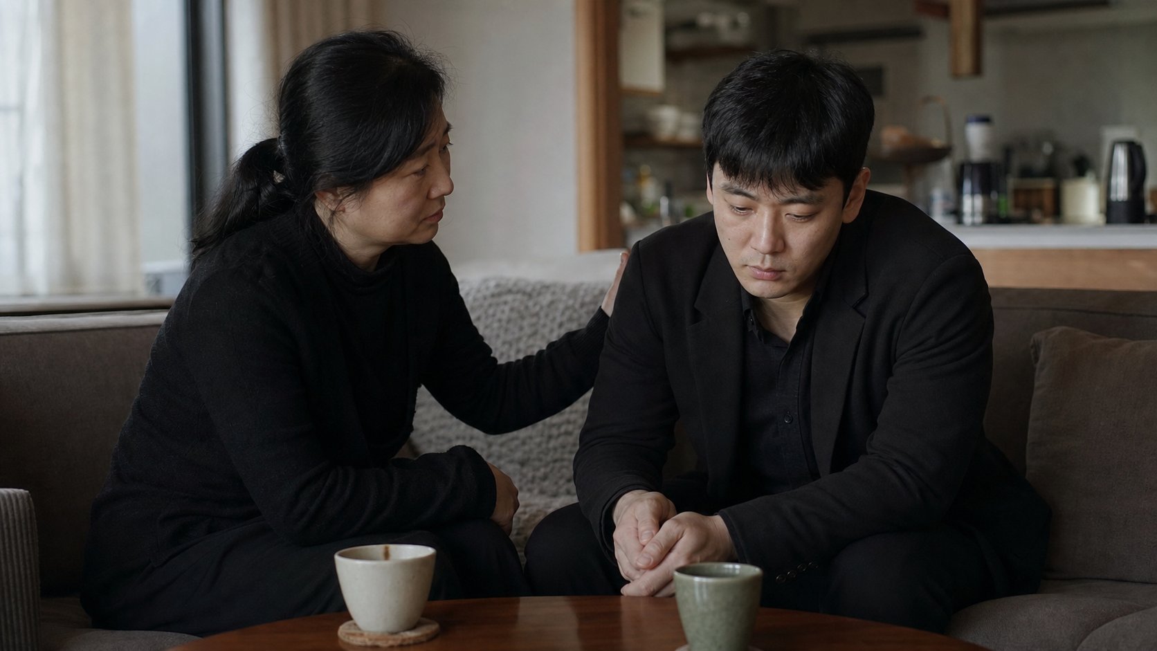 장례를 마친 외동 자녀가 가까운 사람과 마음을 나누는 모습