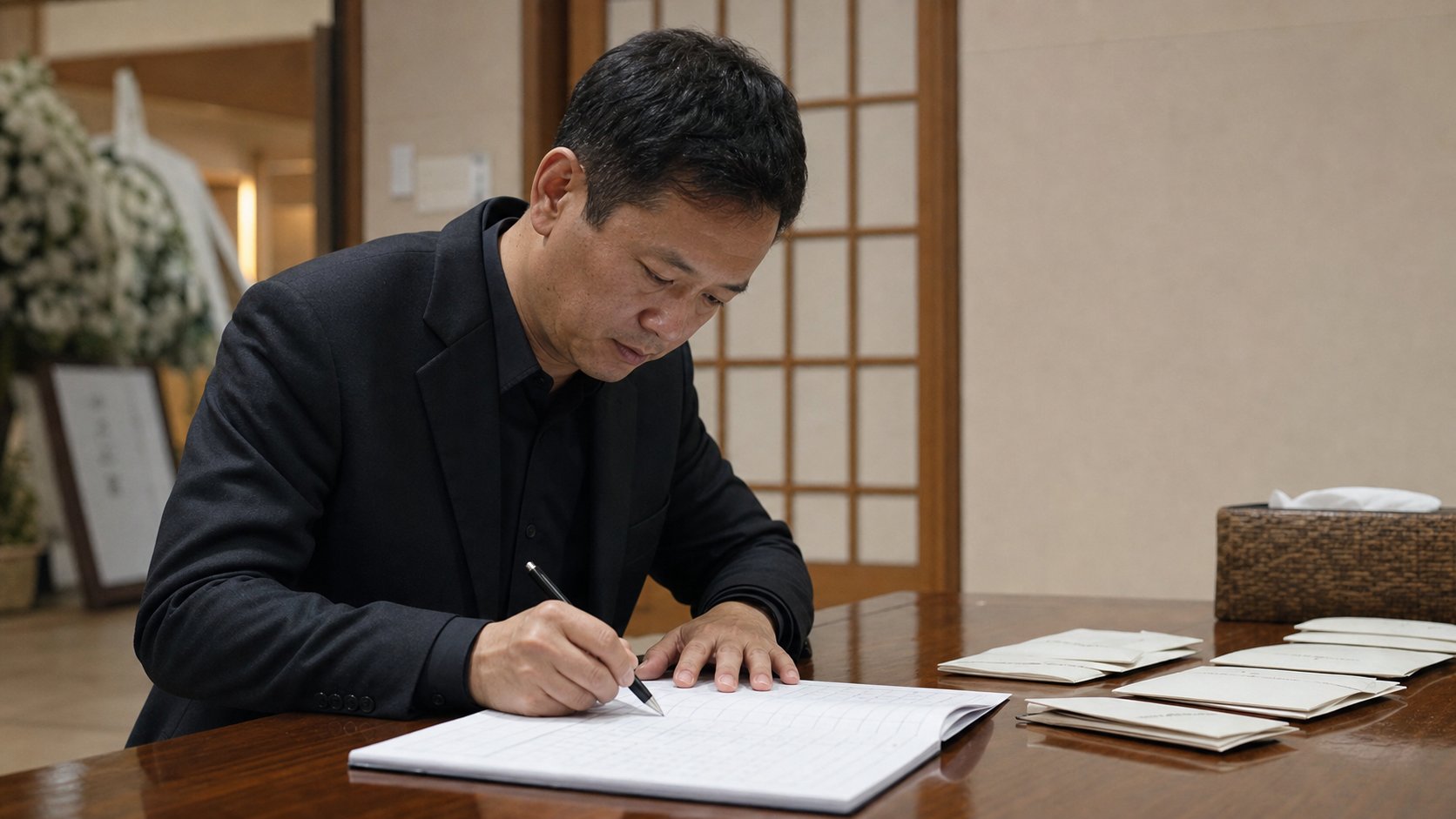 회수한 부의금을 부의록과 함께 정리하는 담당자