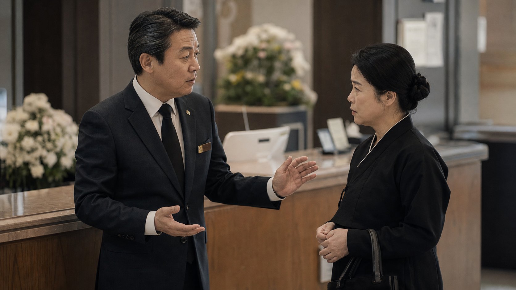장례식장 관리자와 함께 상황을 확인하는 가족