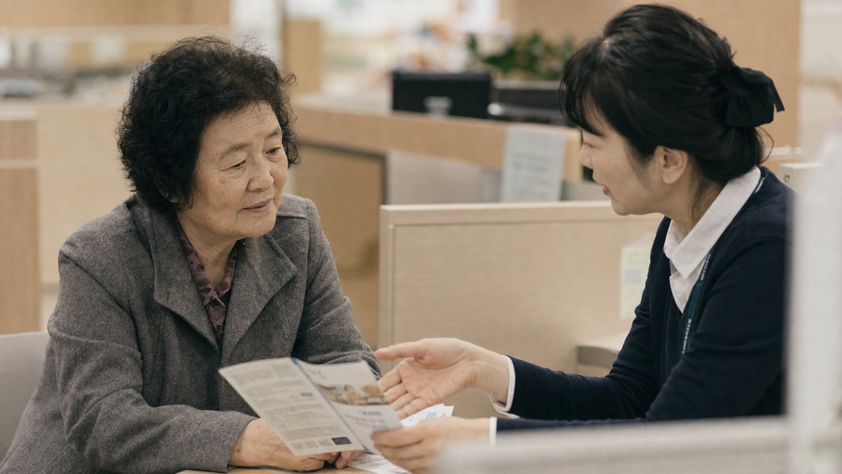 새 상담 창구에서 대체 서비스 안내를 듣는 고령 가입자