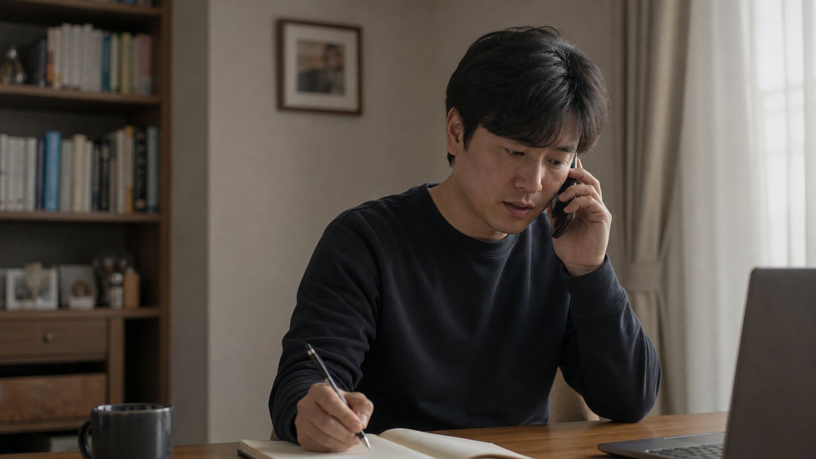 상담 창구와 통화하며 보상 신청 절차를 메모하는 모습