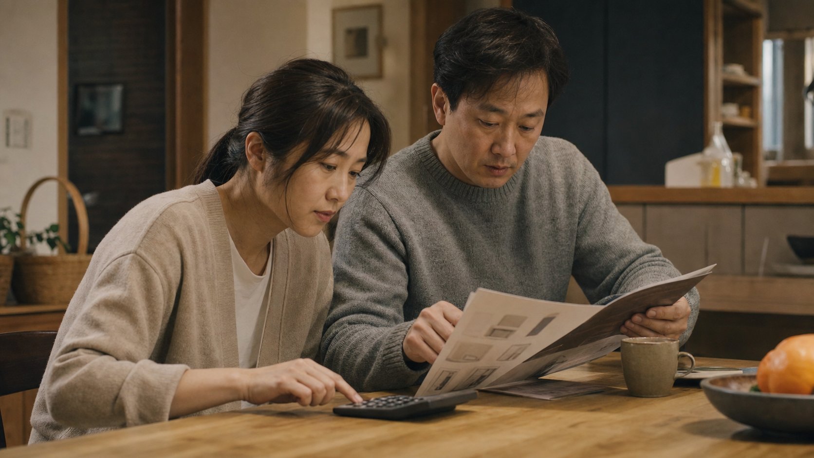 계산기로 총 납입액을 계산하며 비교하는 부부