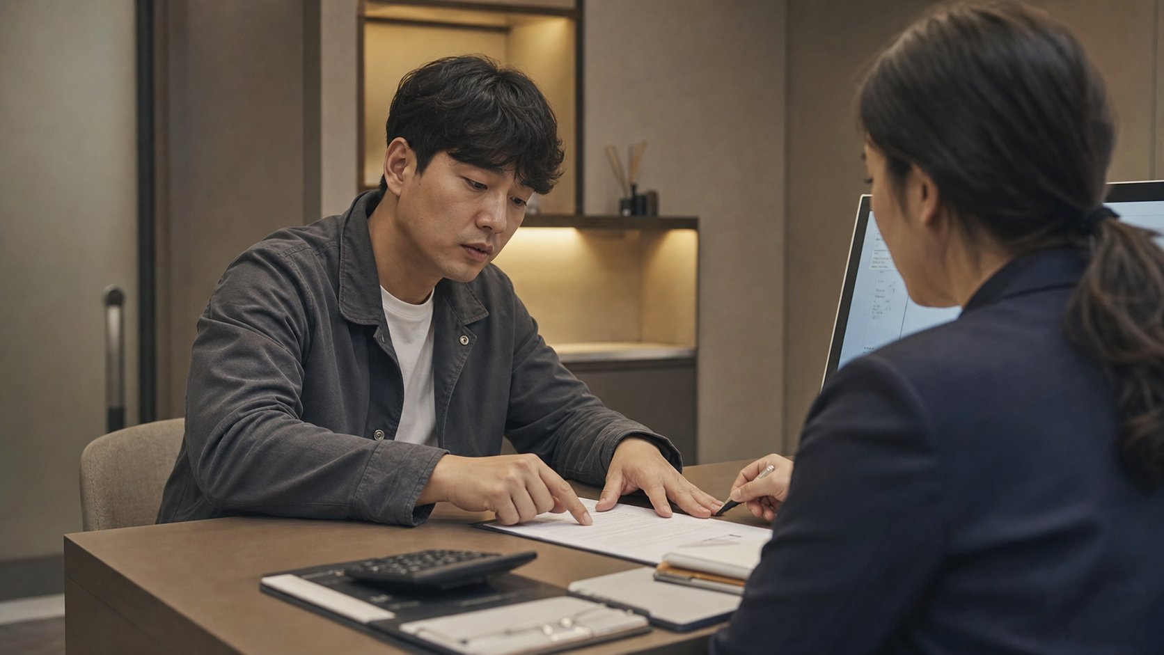 상담사에게 해약 조건을 확인하는 신중한 표정의 가입자
