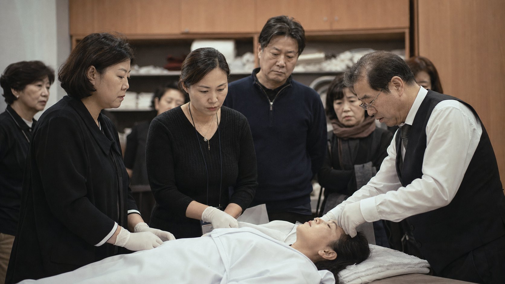 장례지도 교육 실습을 받는 수강생들