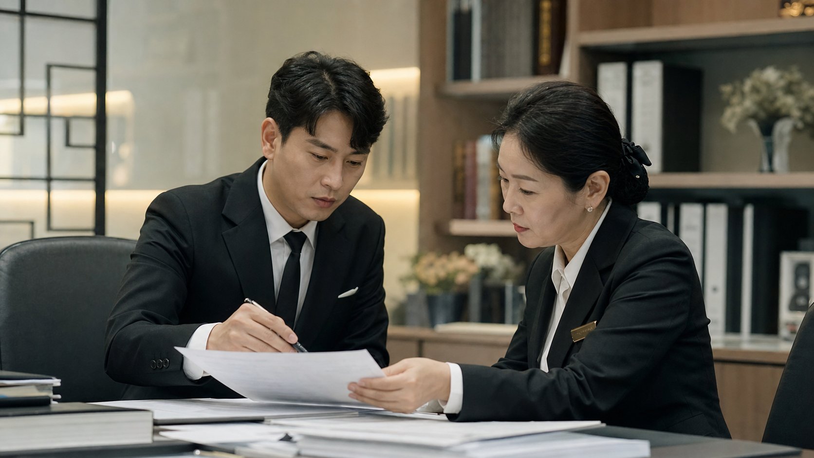 상조회사 사무실에서 동료와 협업하는 장례지도사