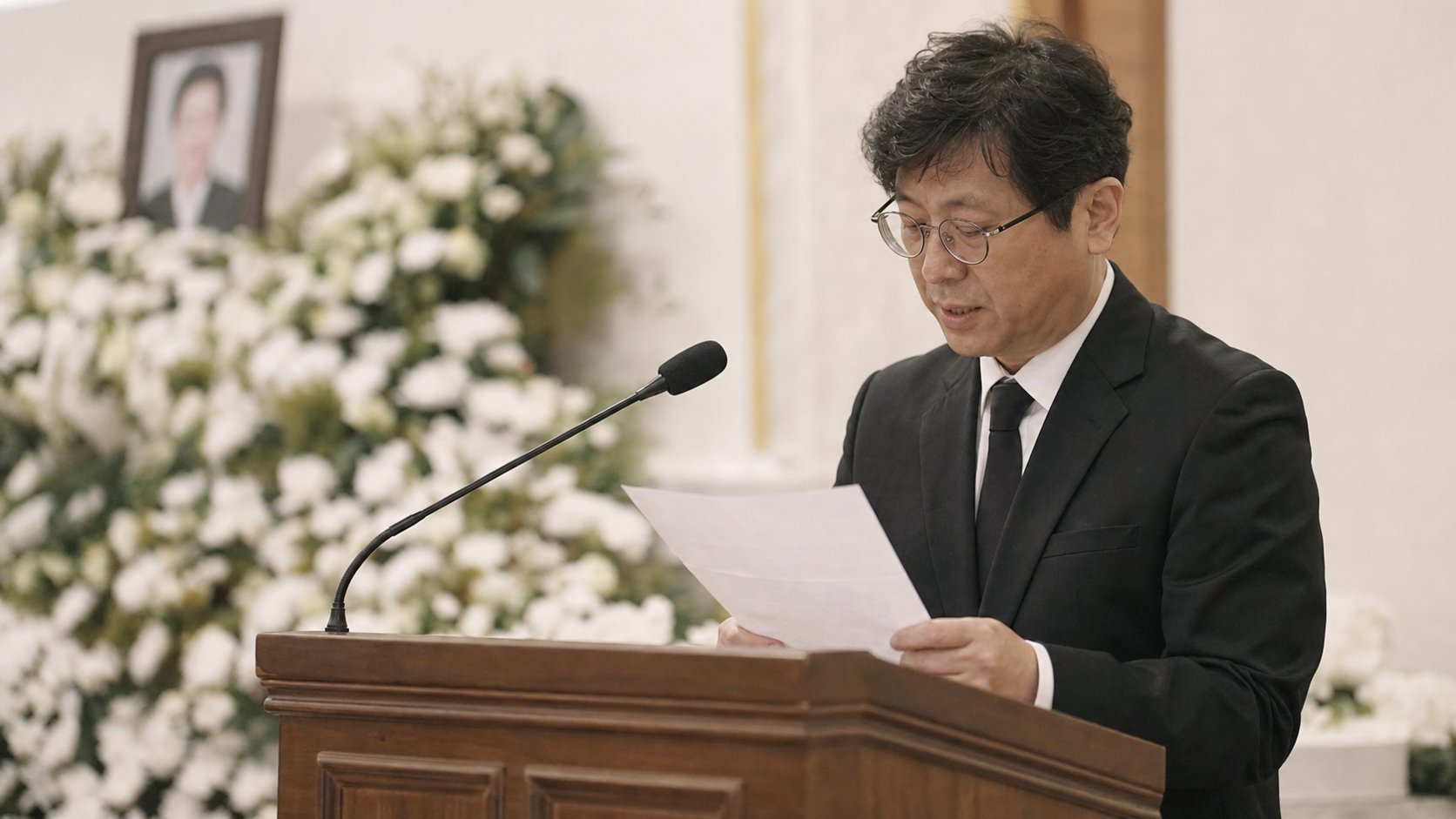 영결식장 단상에서 차분히 조사를 낭독하는 모습