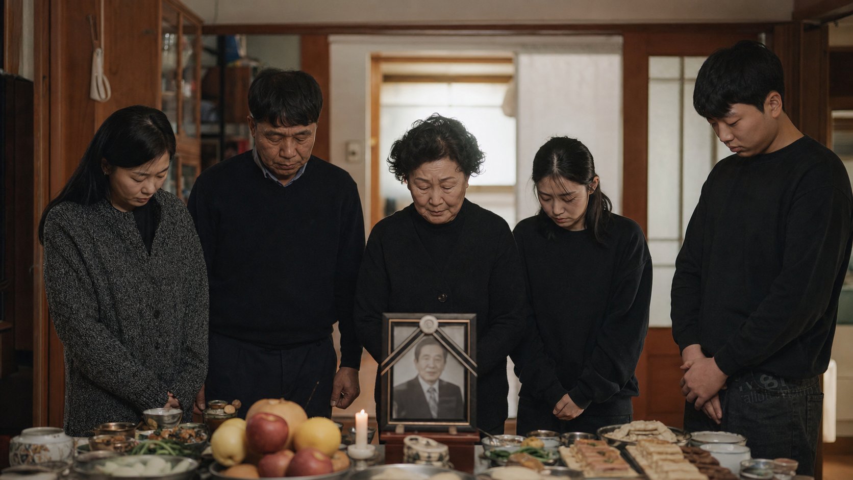 간소하게 차린 명절 상 앞에서 고인을 추모하는 가족