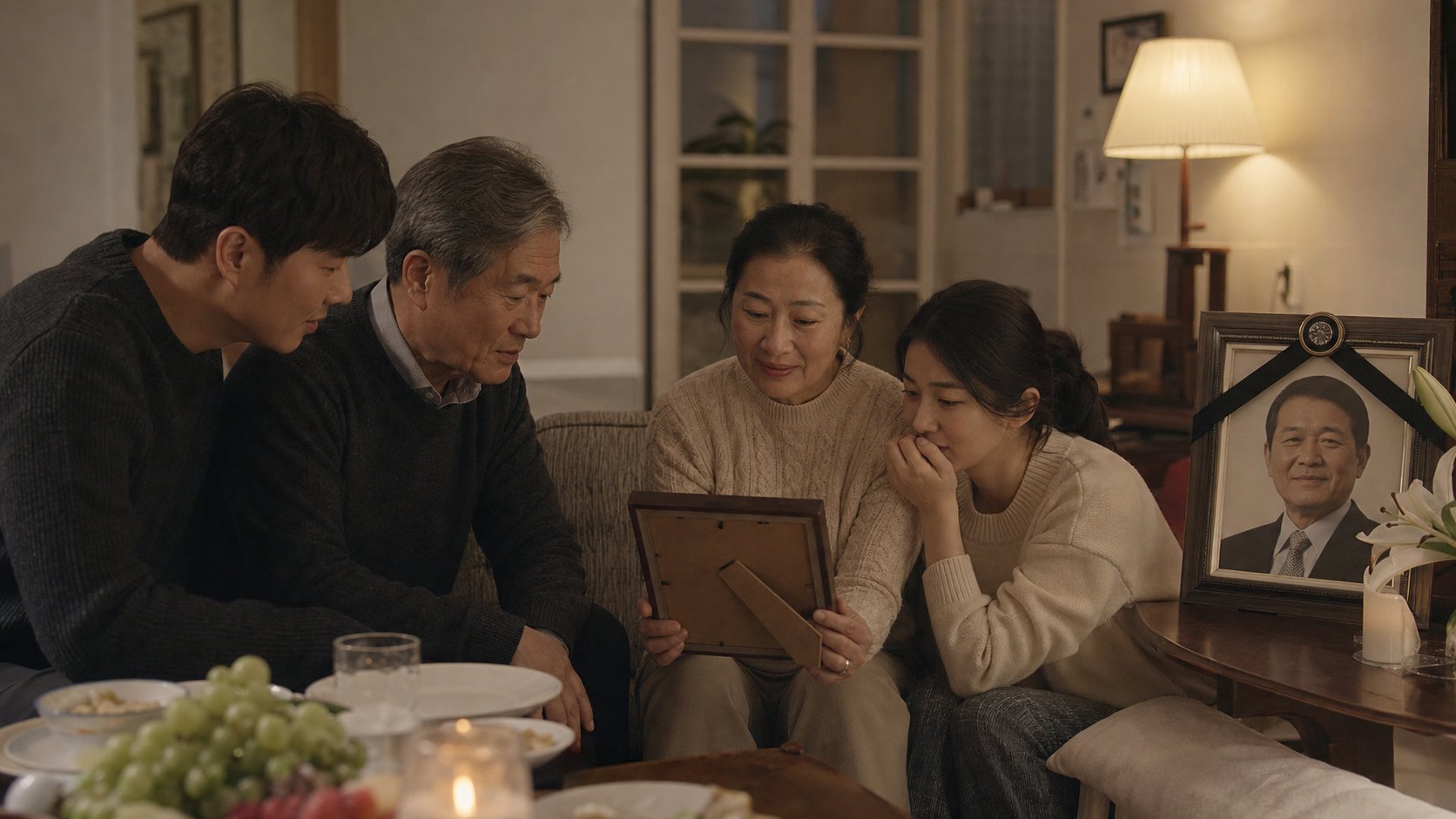 명절 저녁 고인의 사진을 보며 추억을 나누는 가족