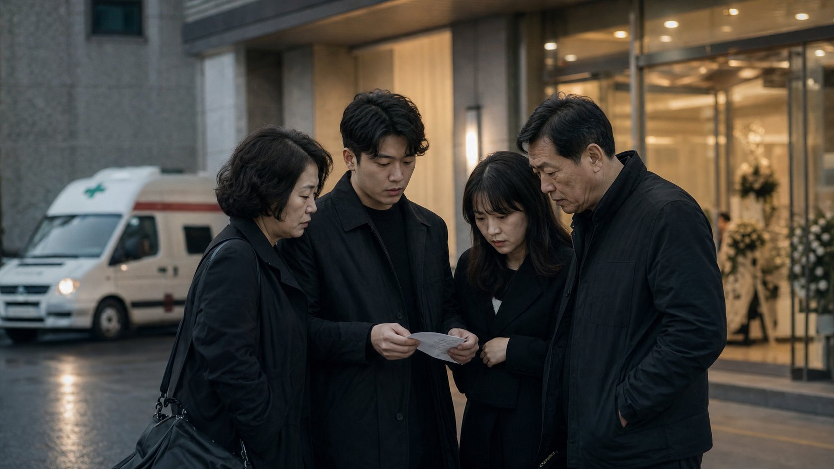 장례식장 앞에서 운구 후 영수증을 확인하는 가족